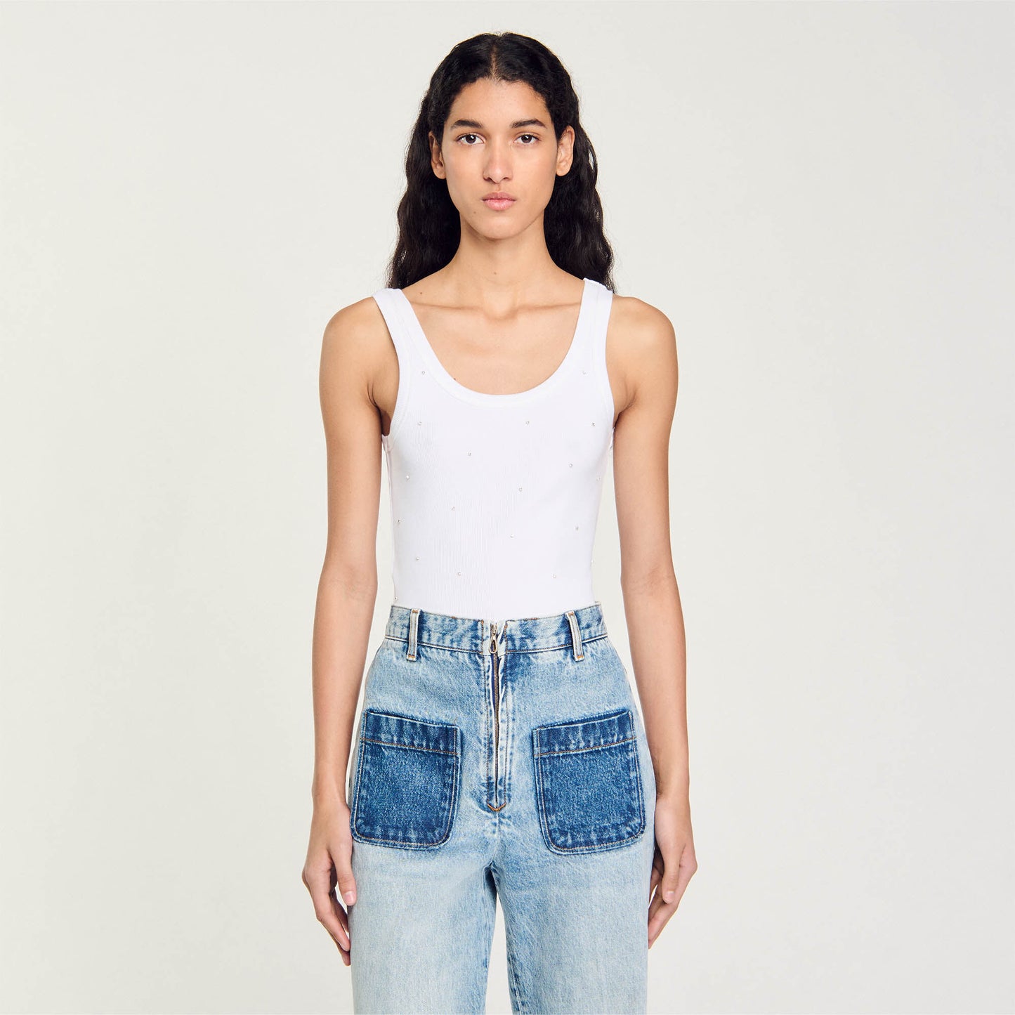 Vest Top With Rhinestones White