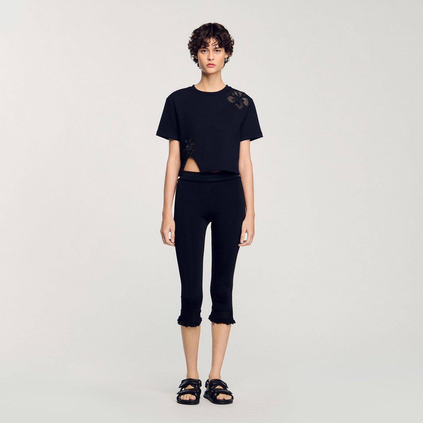 Floral Embroidery T-Shirt Black