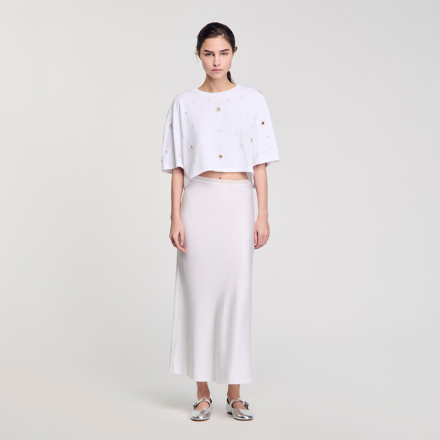 Limonade Cropped Pearl Bead T-Shirt White