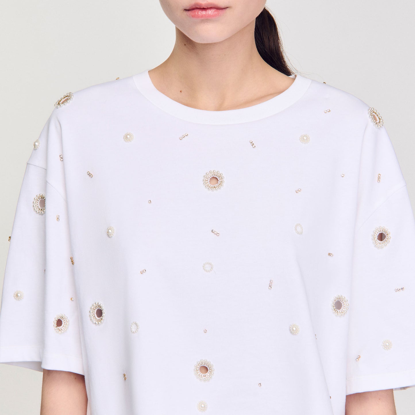 Limonade Cropped Pearl Bead T-Shirt White