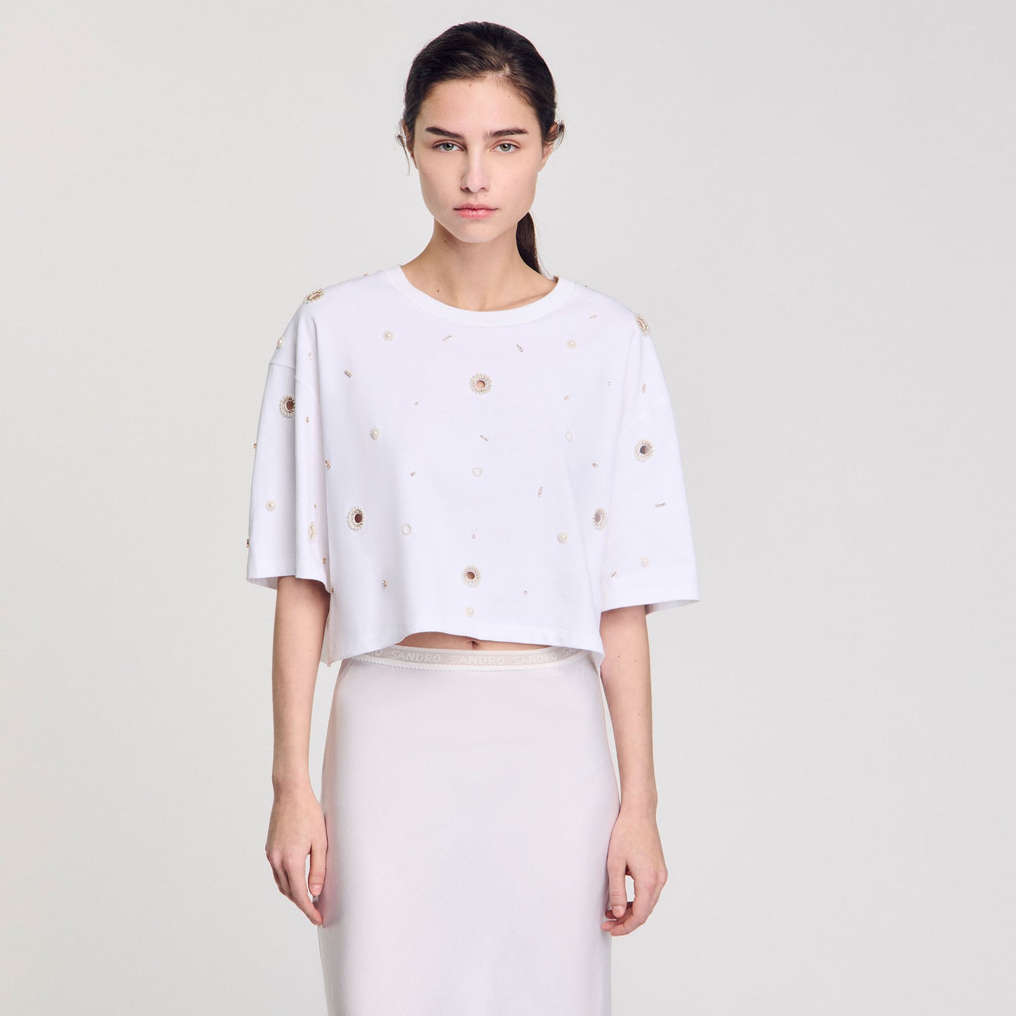 Limonade Cropped Pearl Bead T-Shirt White