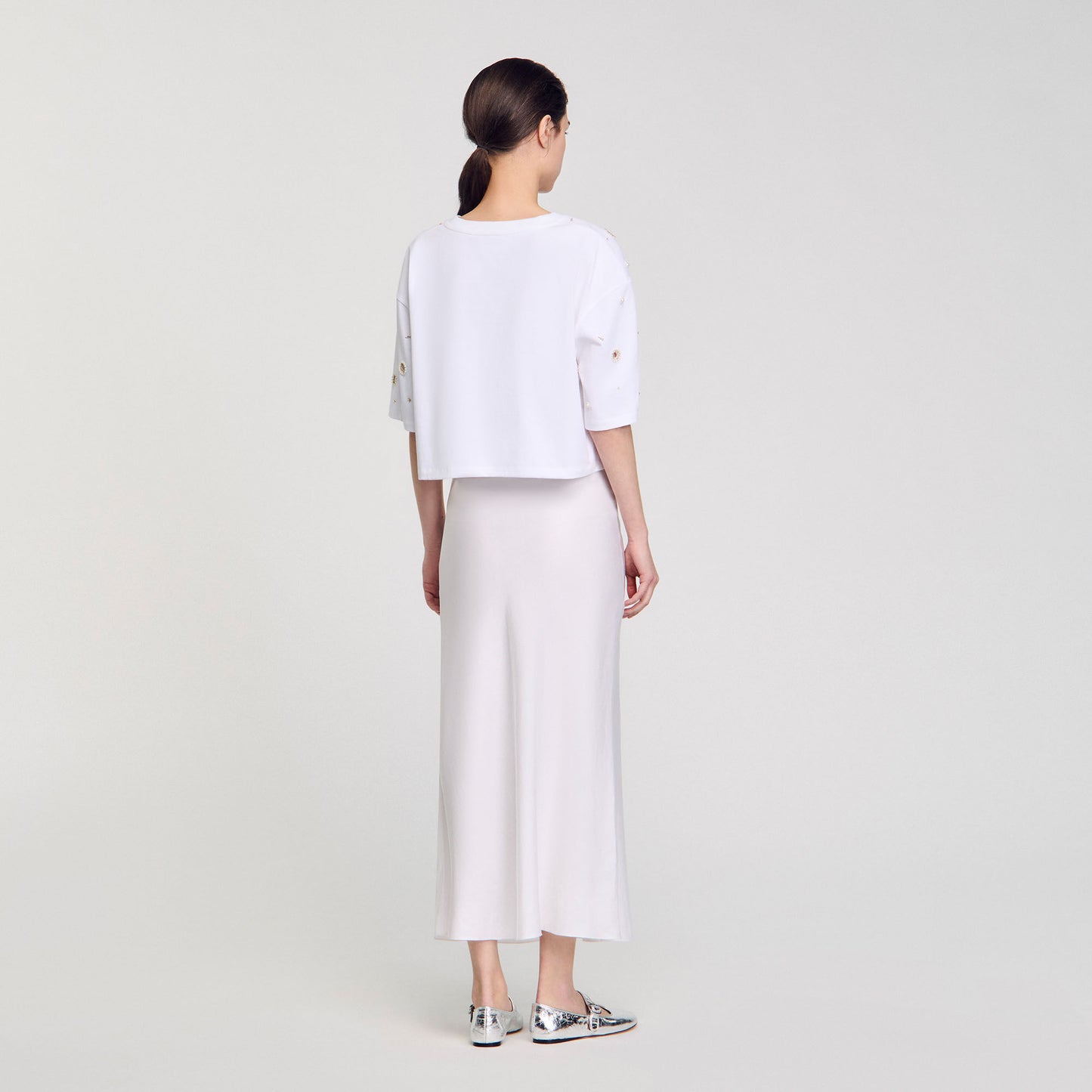 Limonade Cropped Pearl Bead T-Shirt White