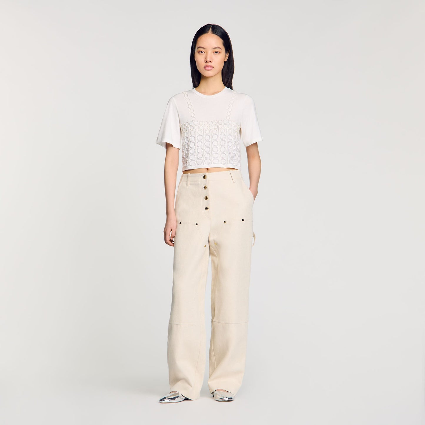 Beaded Cropped T-Shirt White