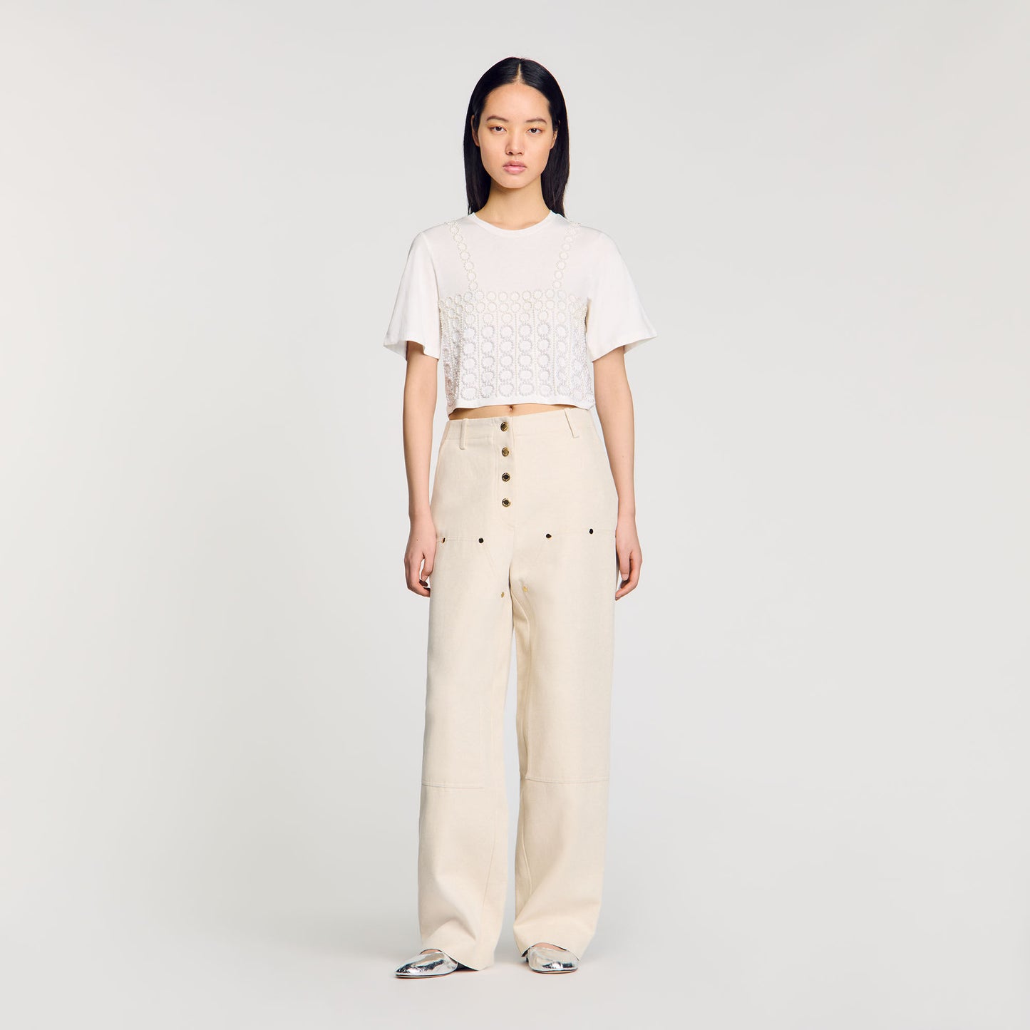 Beaded Cropped T-Shirt White