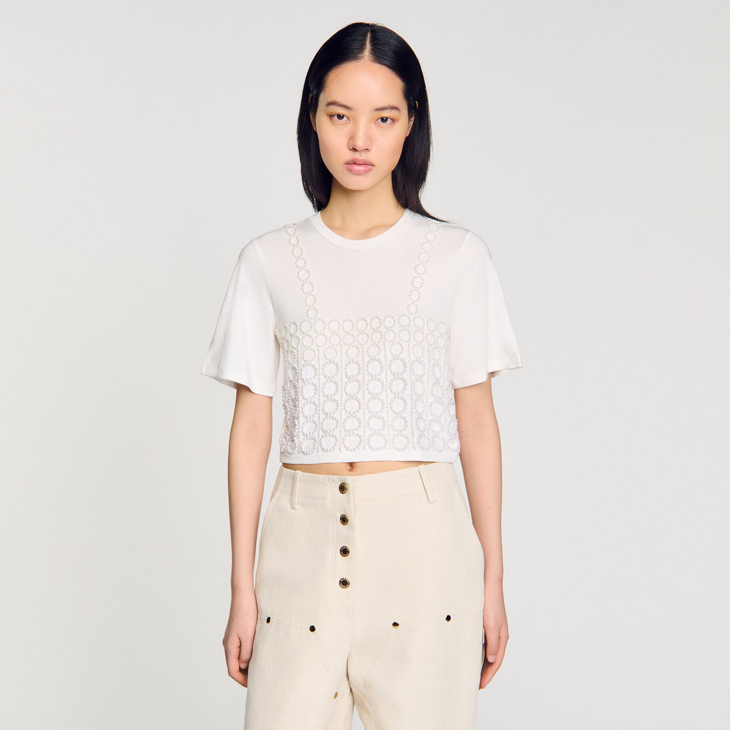 Beaded Cropped T-Shirt White