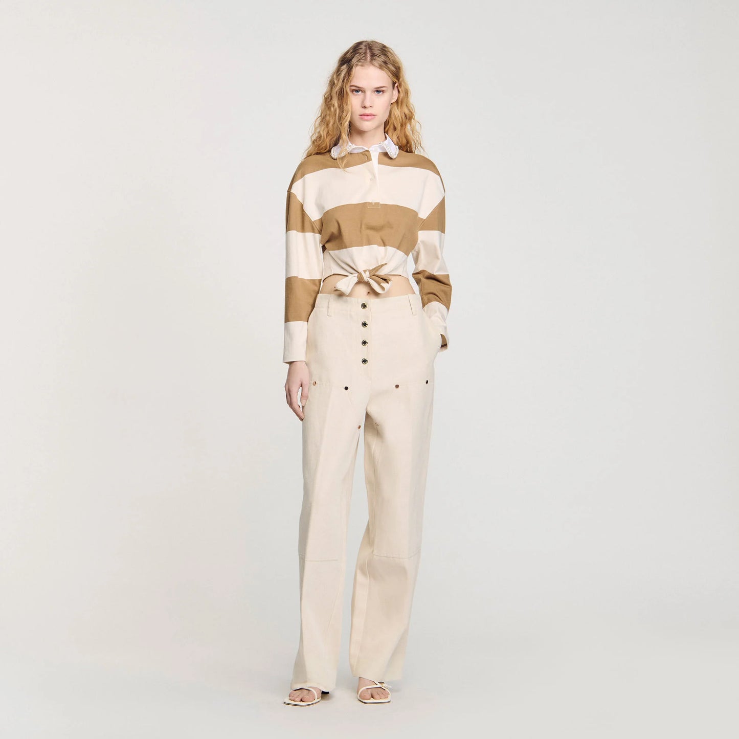 Federica Striped Polo-Neck T-Shirt Beige