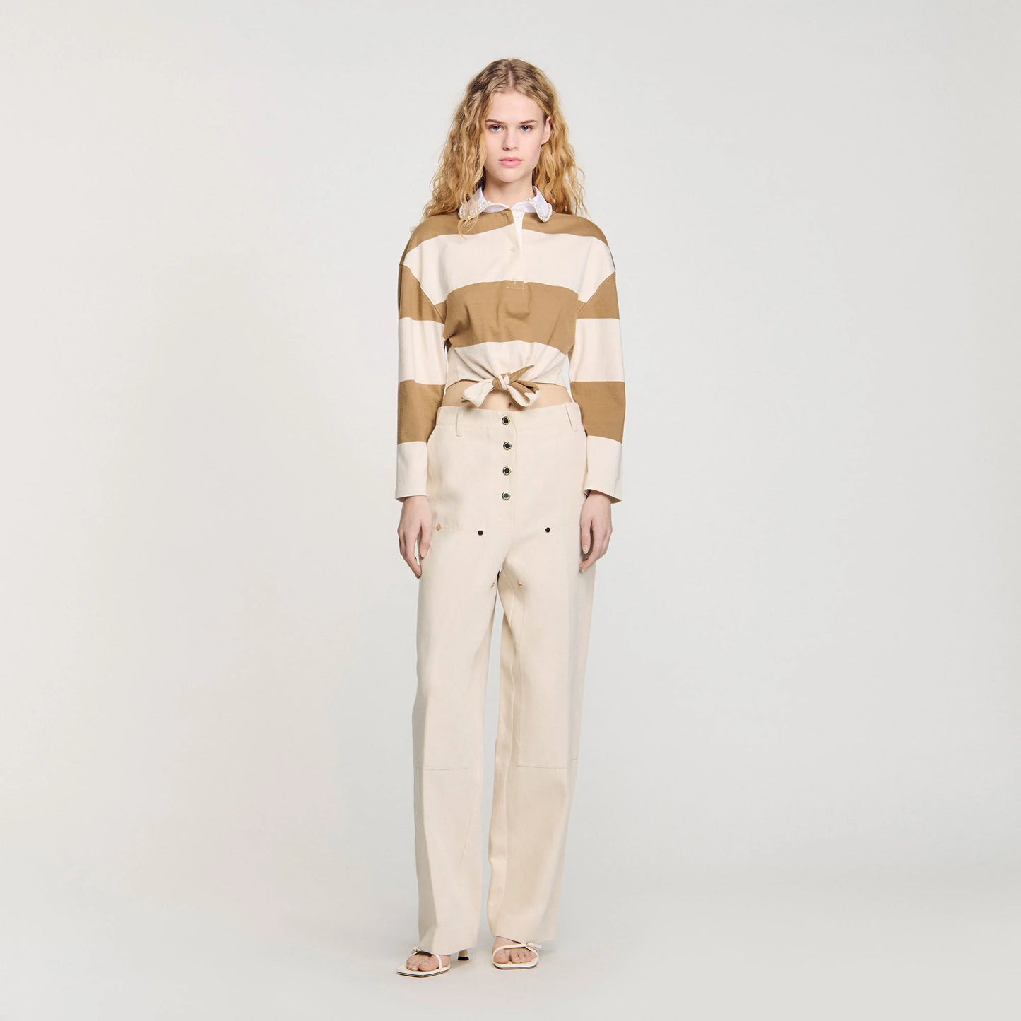 Federica Striped Polo-Neck T-Shirt Beige