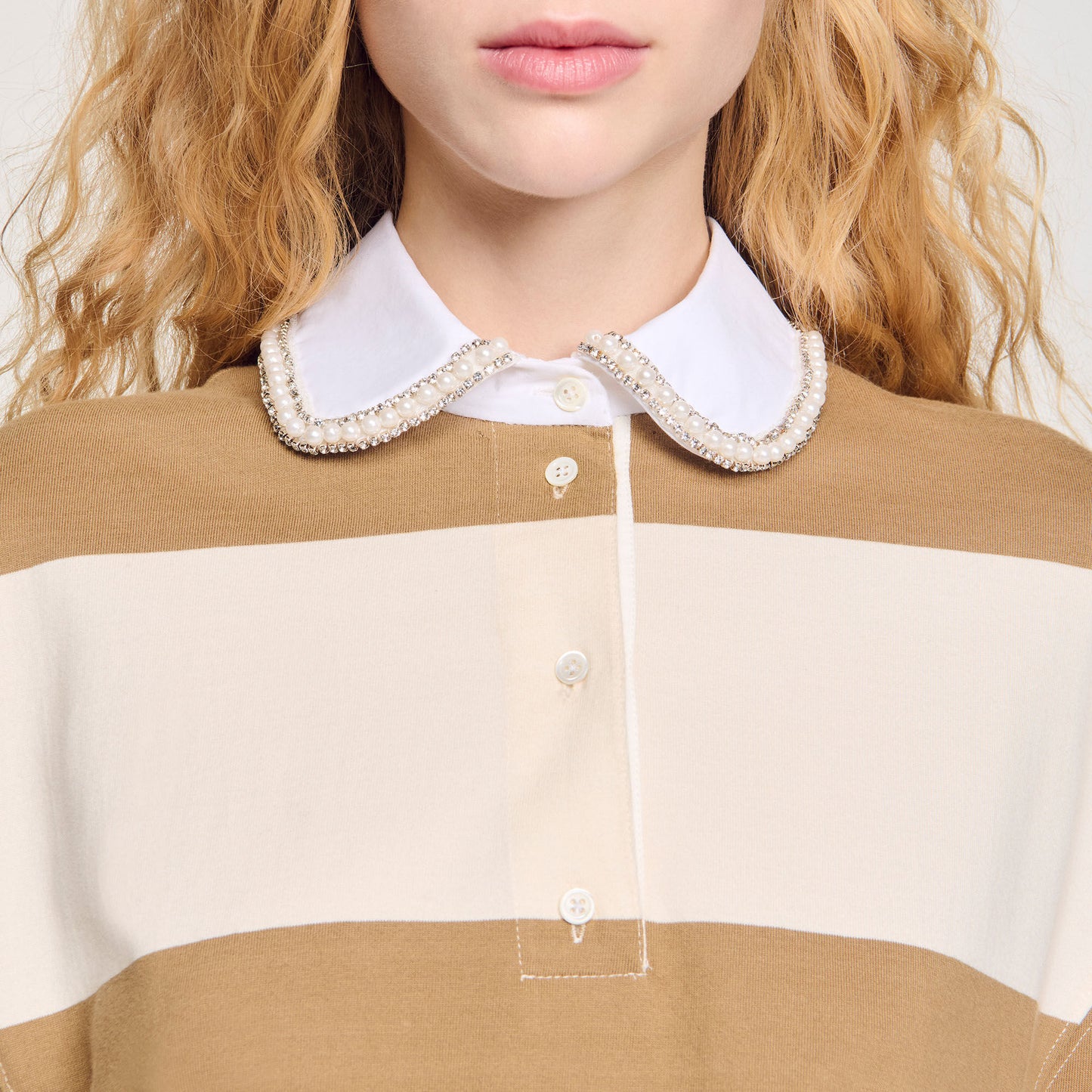 Federica Striped Polo-Neck T-Shirt Beige