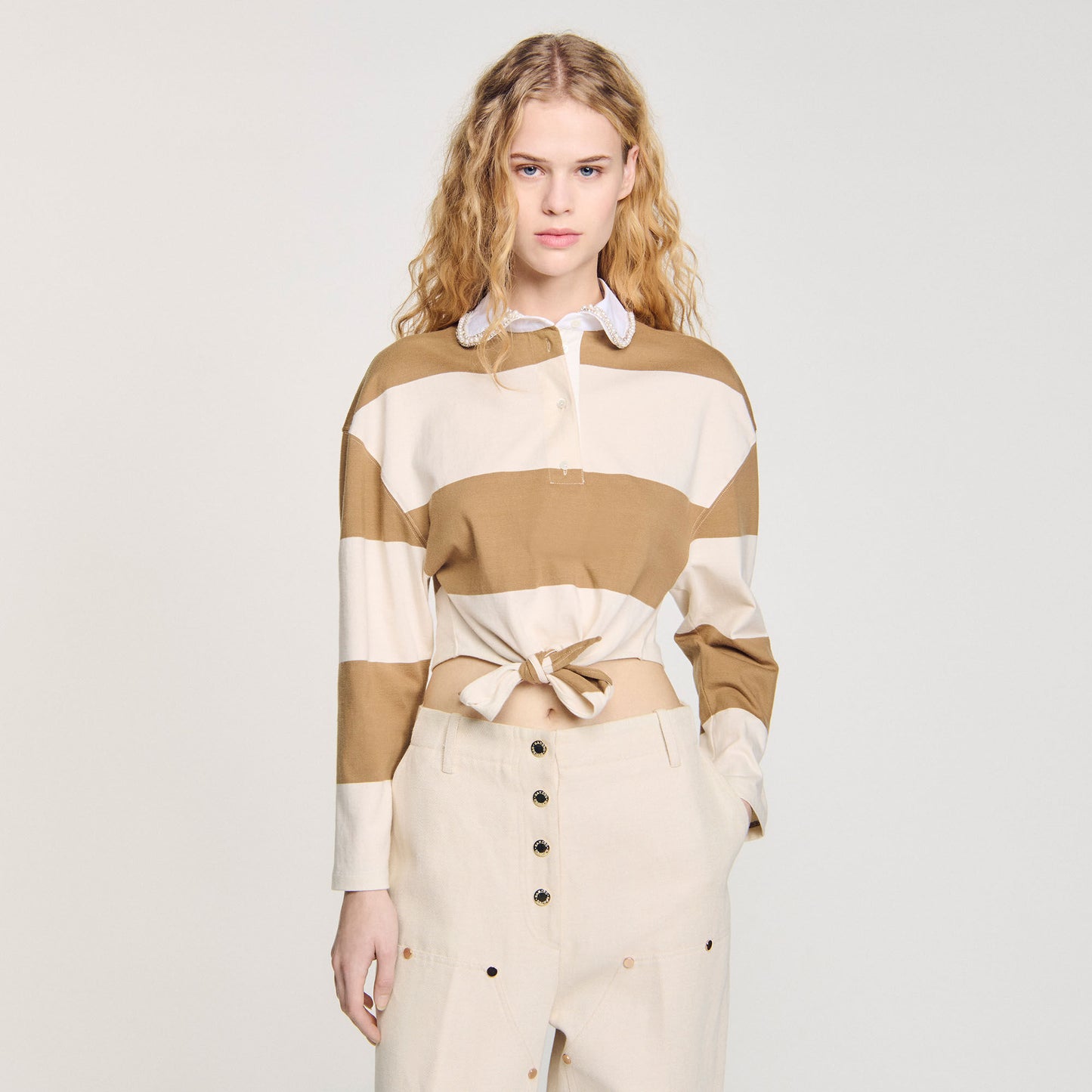 Federica Striped Polo-Neck T-Shirt Beige