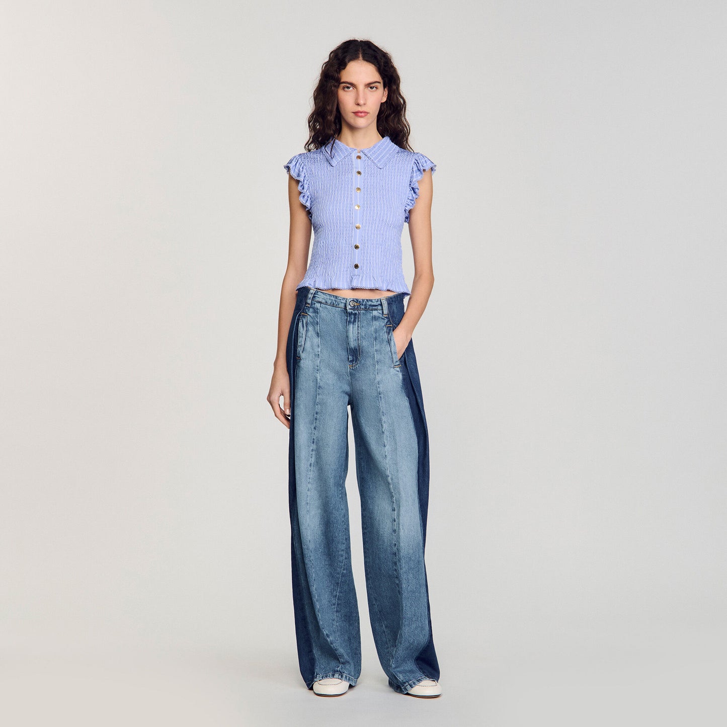 Bleuet Striped Smocked T-Shirt Sky Blue