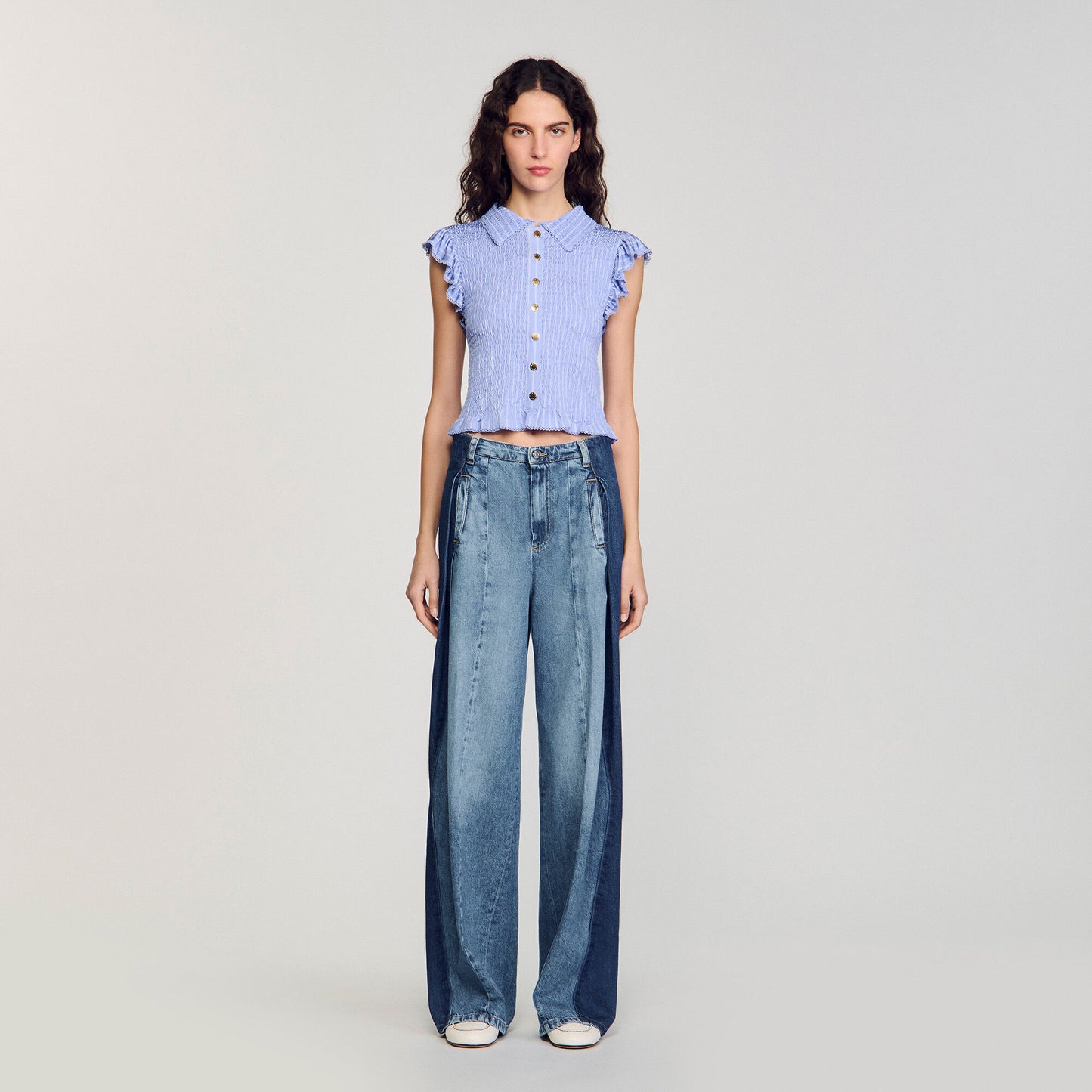 Bleuet Striped Smocked T-Shirt Sky Blue
