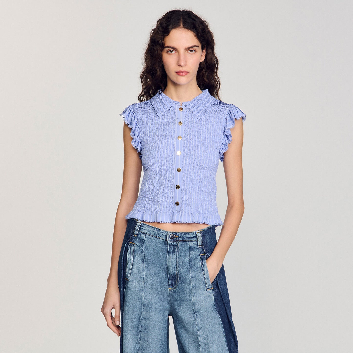 Bleuet Striped Smocked T-Shirt Sky Blue