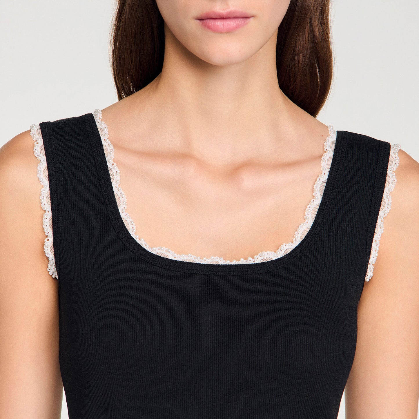 Solie Beaded Embroidered Cotton Vest Top Black