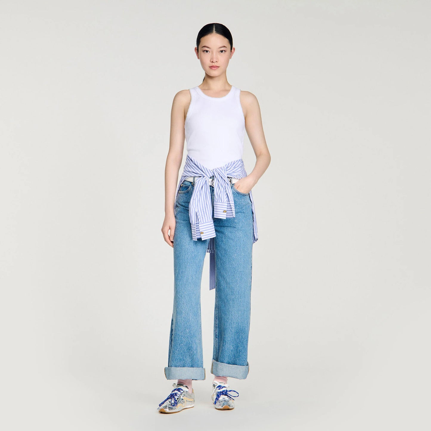 Evie Beaded Ribbed Vest Top White