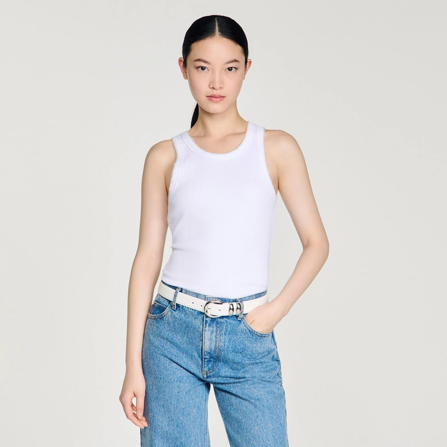 Evie Beaded Ribbed Vest Top White