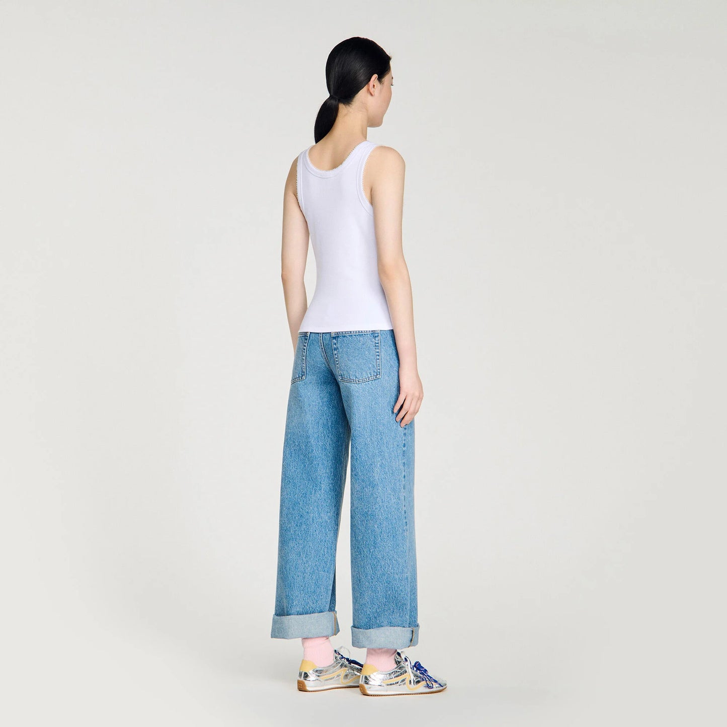 Evie Beaded Ribbed Vest Top White