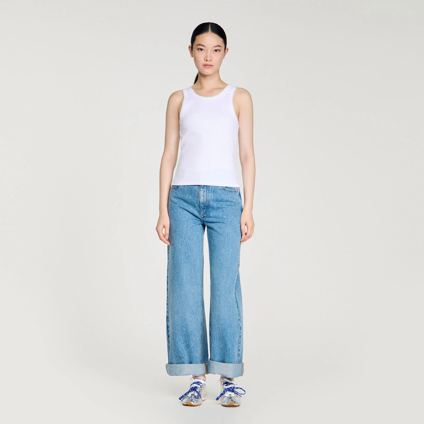 Evie Beaded Ribbed Vest Top White