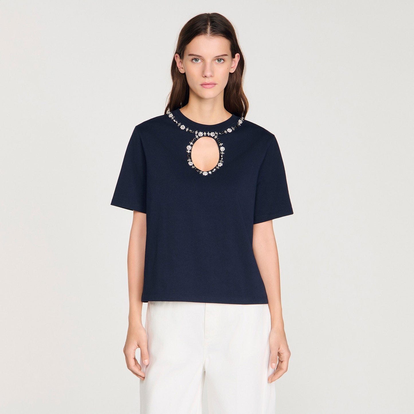 Santafe Rhinestone Openwork T-Shirt Navy Blue