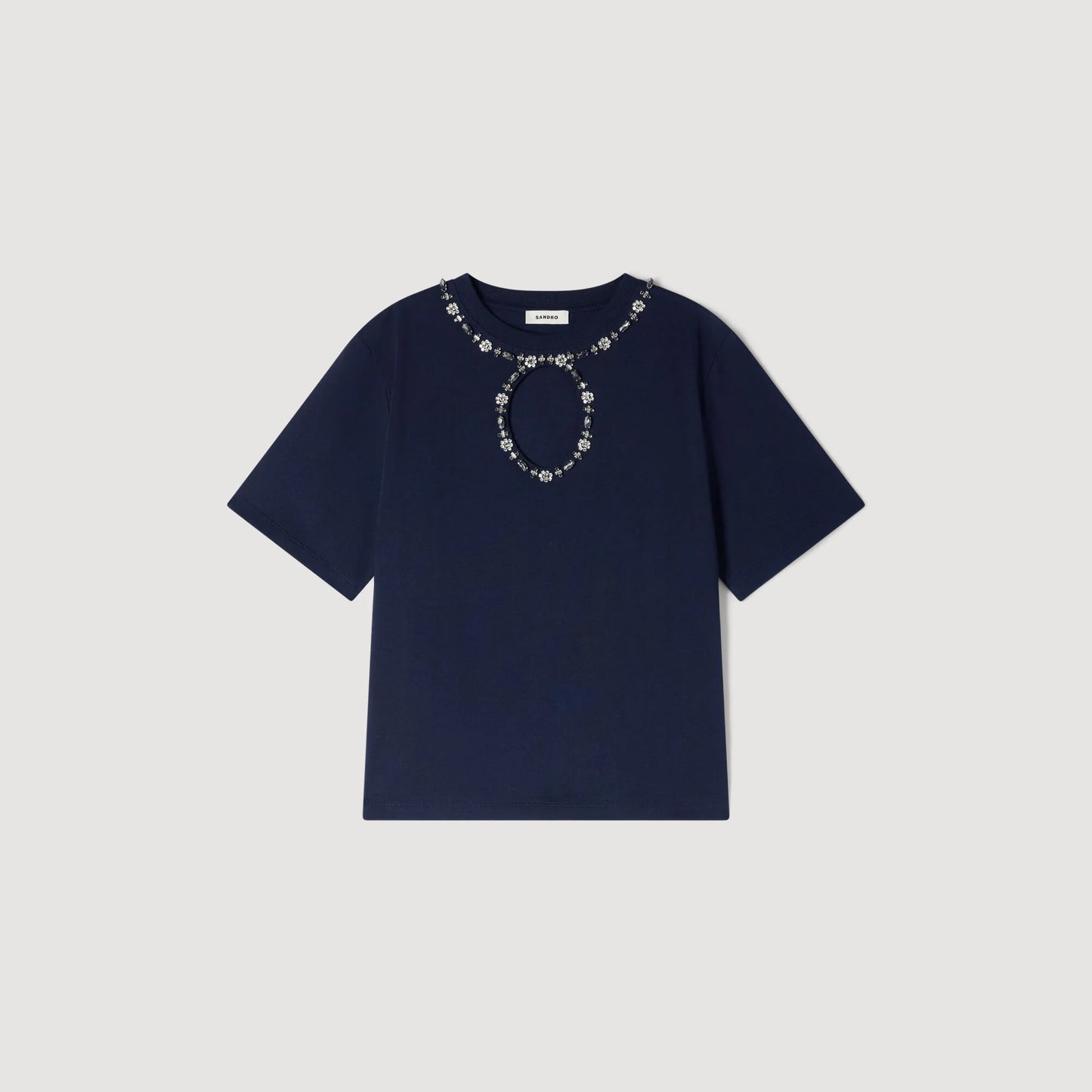 Santafe Rhinestone Openwork T-Shirt Navy Blue