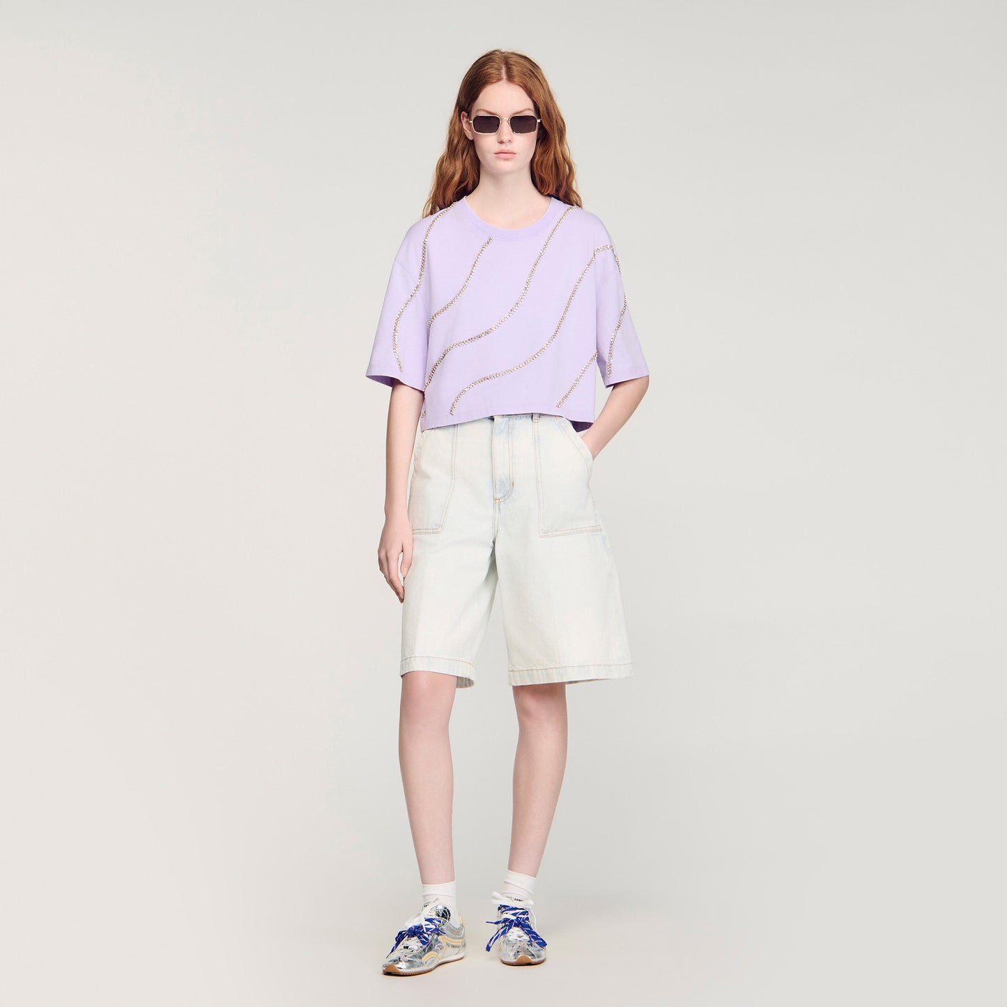 Strass Wave Rhinestone Cropped T-Shirt Mauve