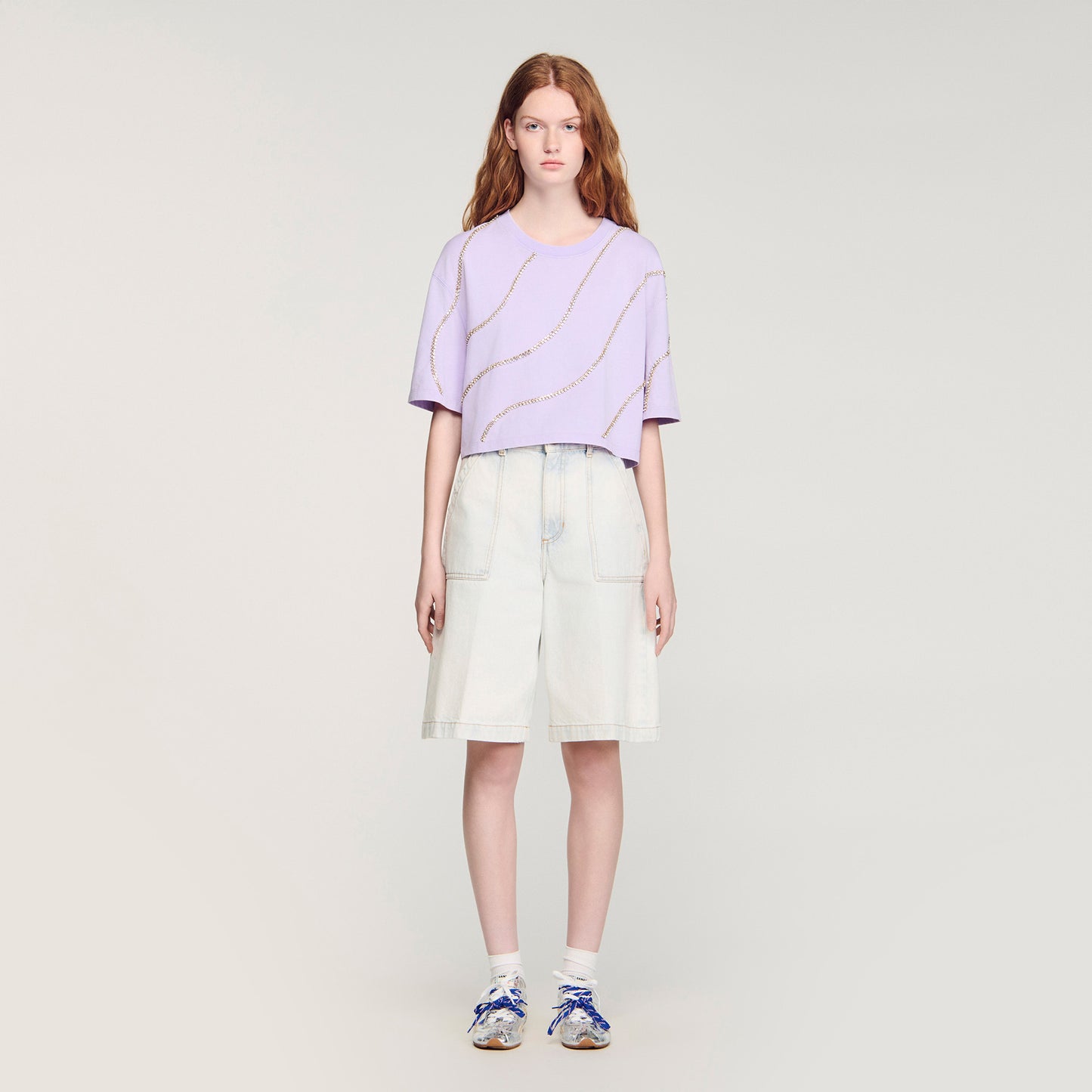 Strass Wave Rhinestone Cropped T-Shirt Mauve