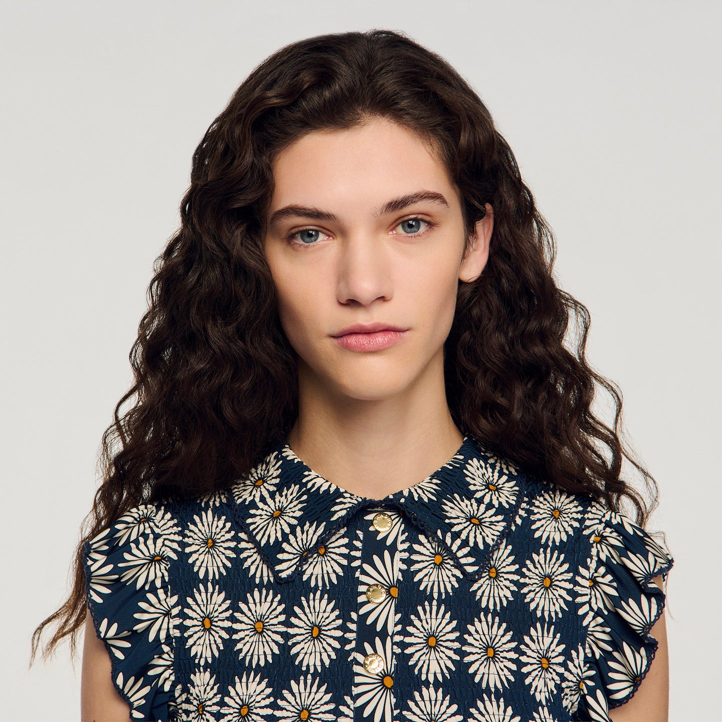 Flower Print Smocked T Shirt Deep Blue Ocher