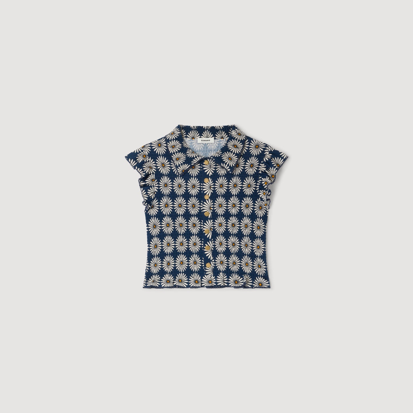 Flower Print Smocked T Shirt Deep Blue Ocher
