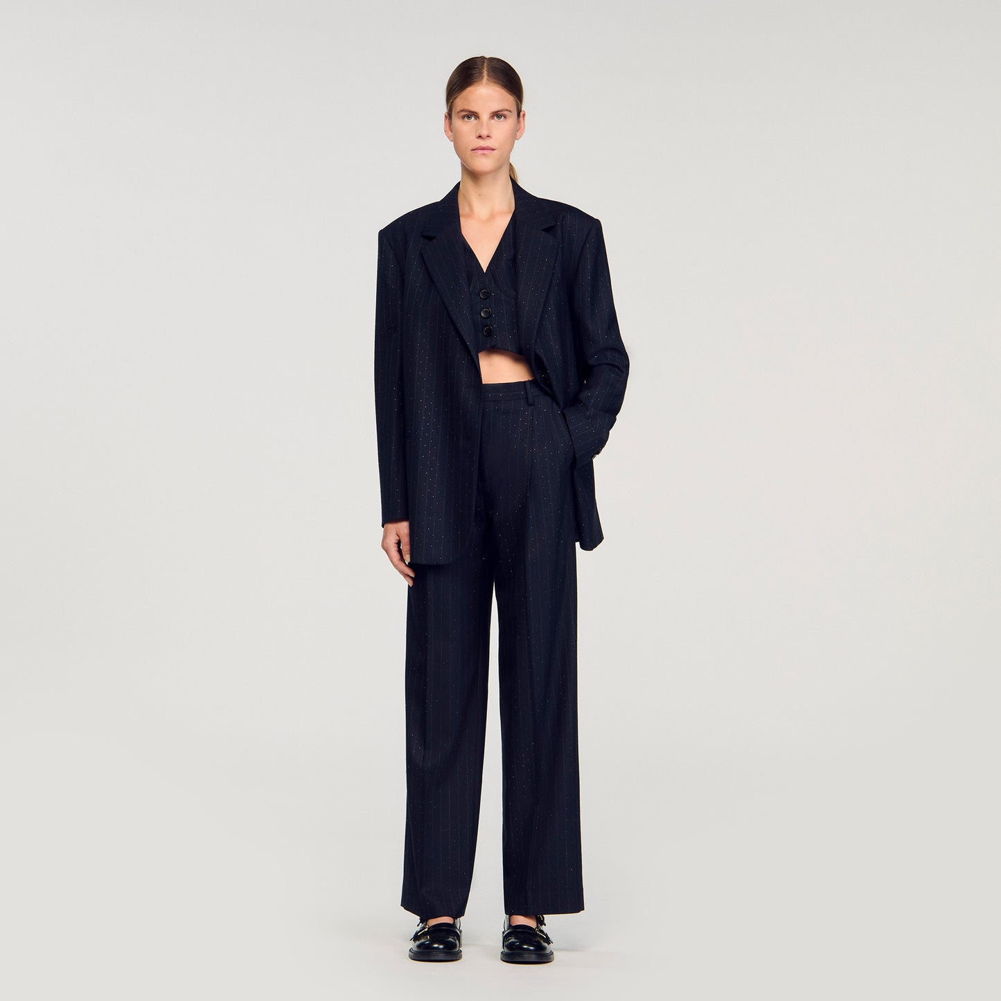 Pernelle Striped Rhinestone Suit Jacket Navy Blue