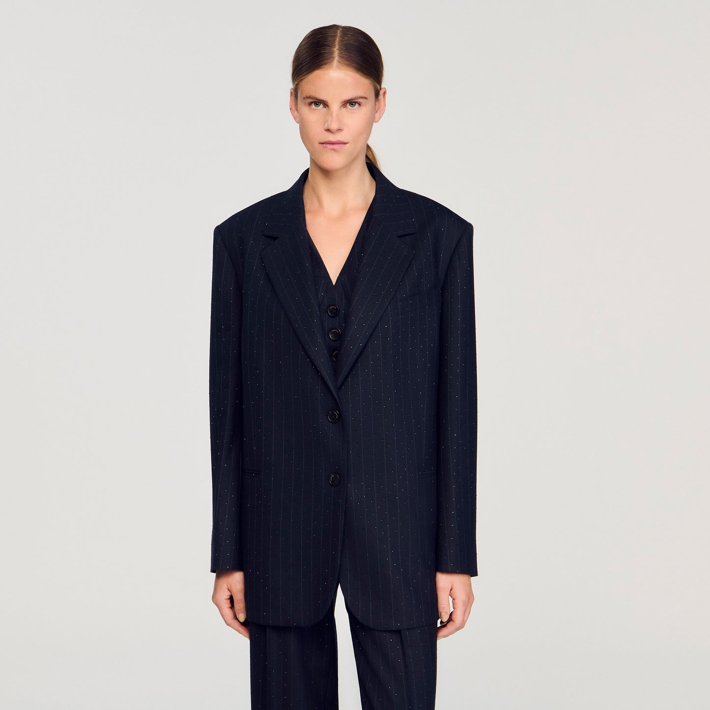 Pernelle Striped Rhinestone Suit Jacket Navy Blue