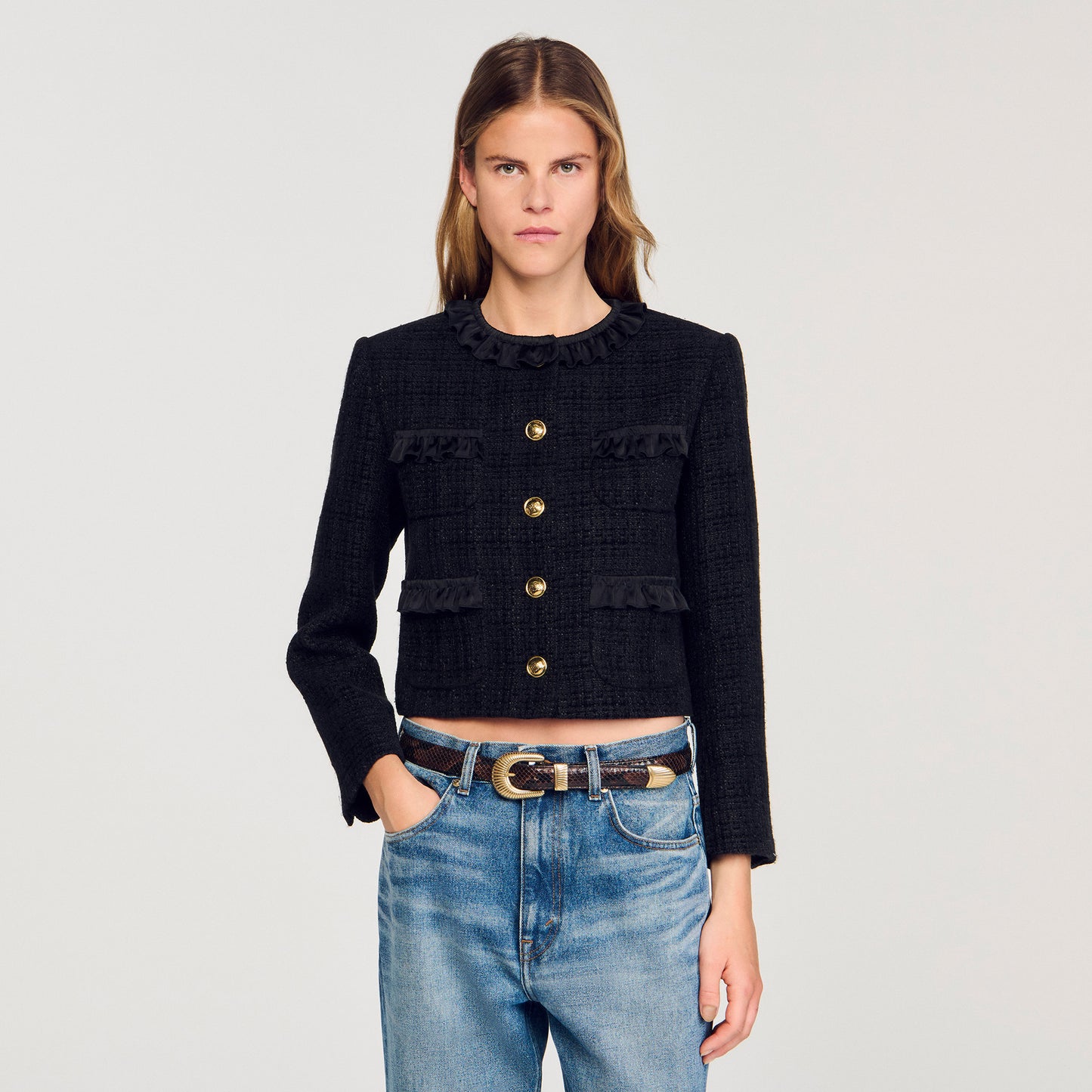 Jillora Ruffled Tweed Jacket Black