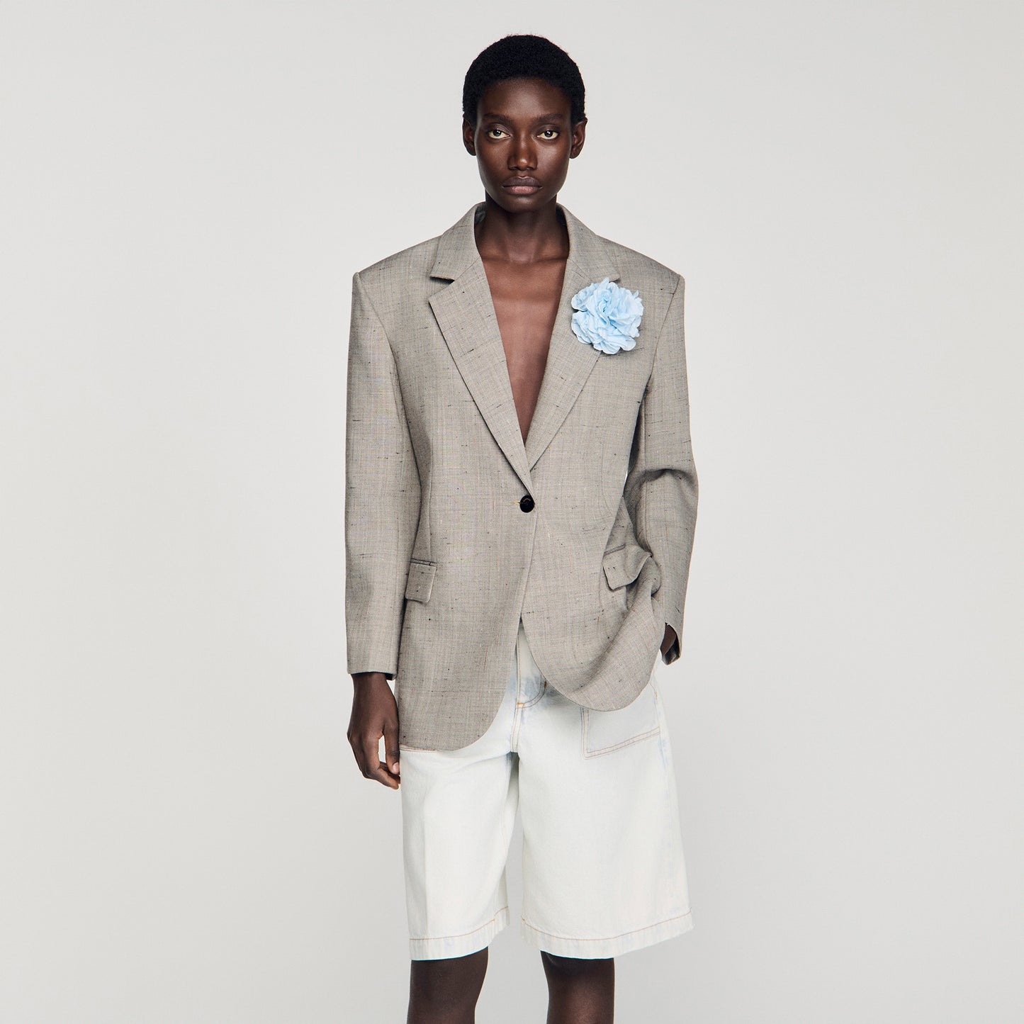 Layden Checked Wool Jacket With Brooch GREIGE