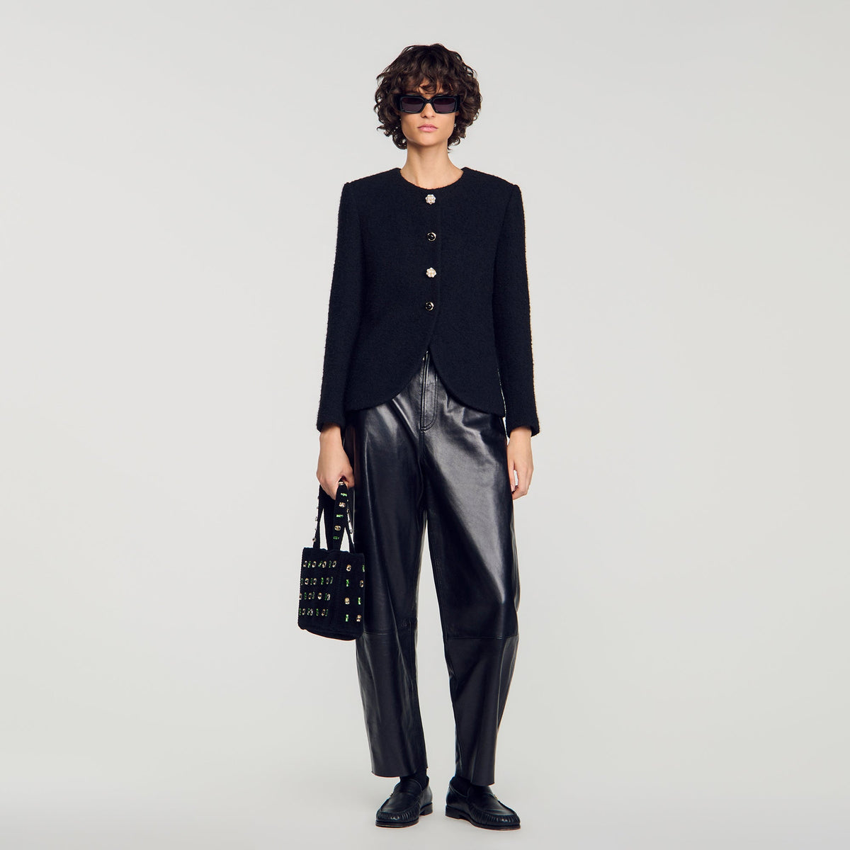 Luck Decorative Button Tweed Jacket Black