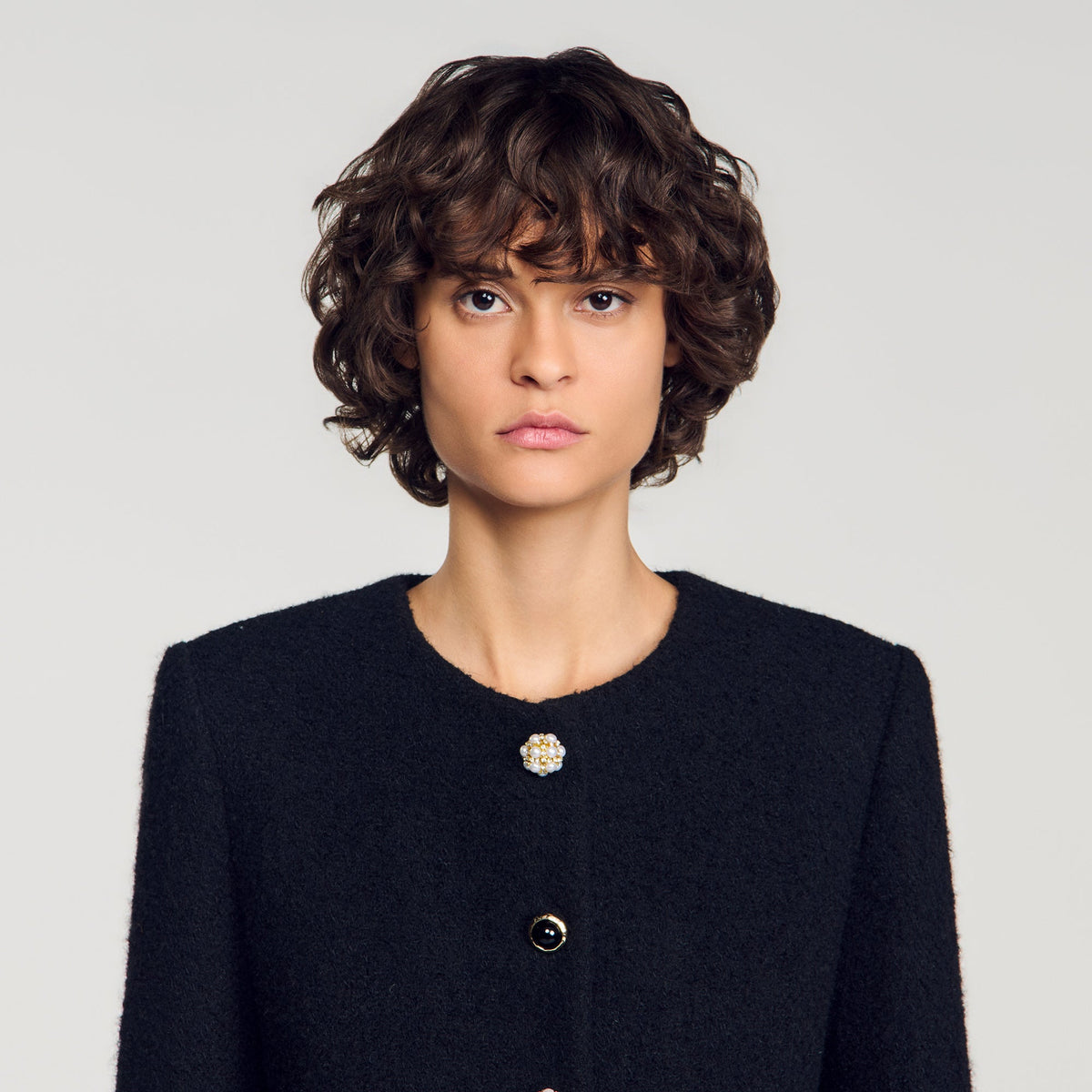Luck Decorative Button Tweed Jacket Black