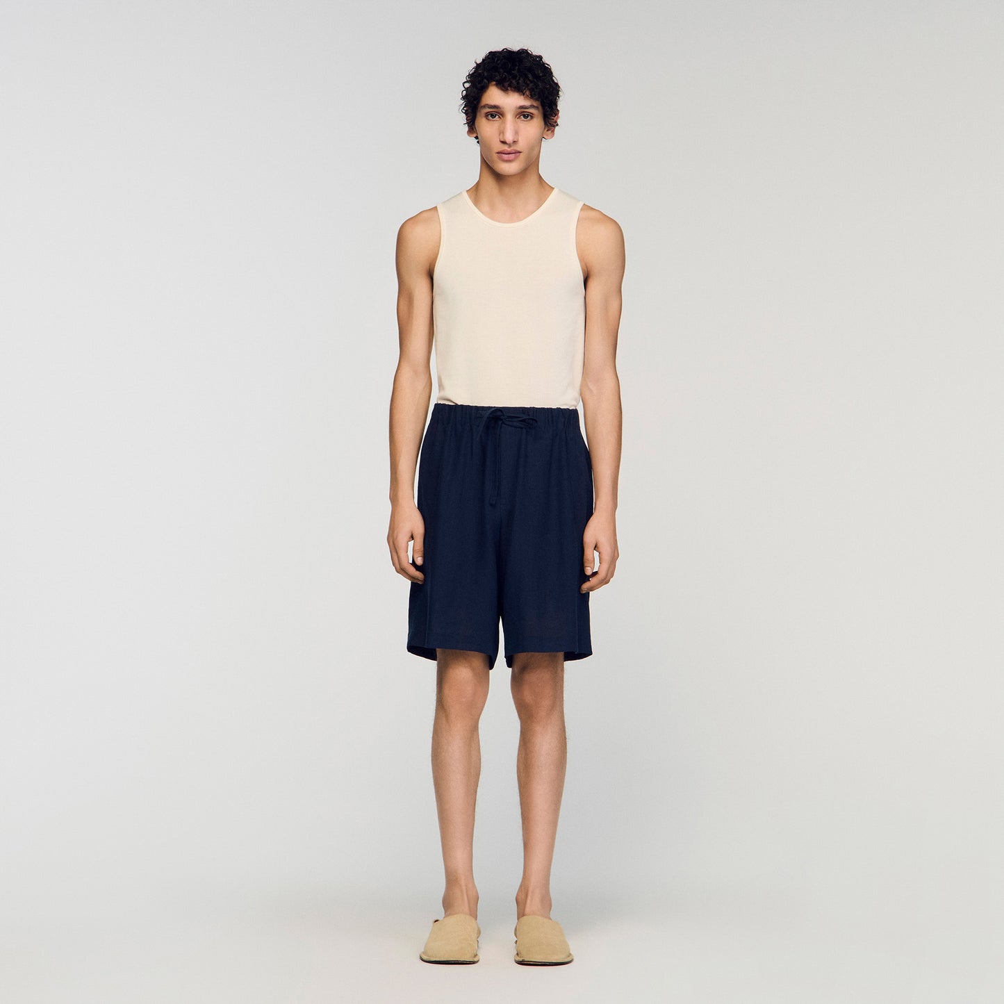 Linen Short Elastic Waist Linen Shorts Navy Blue