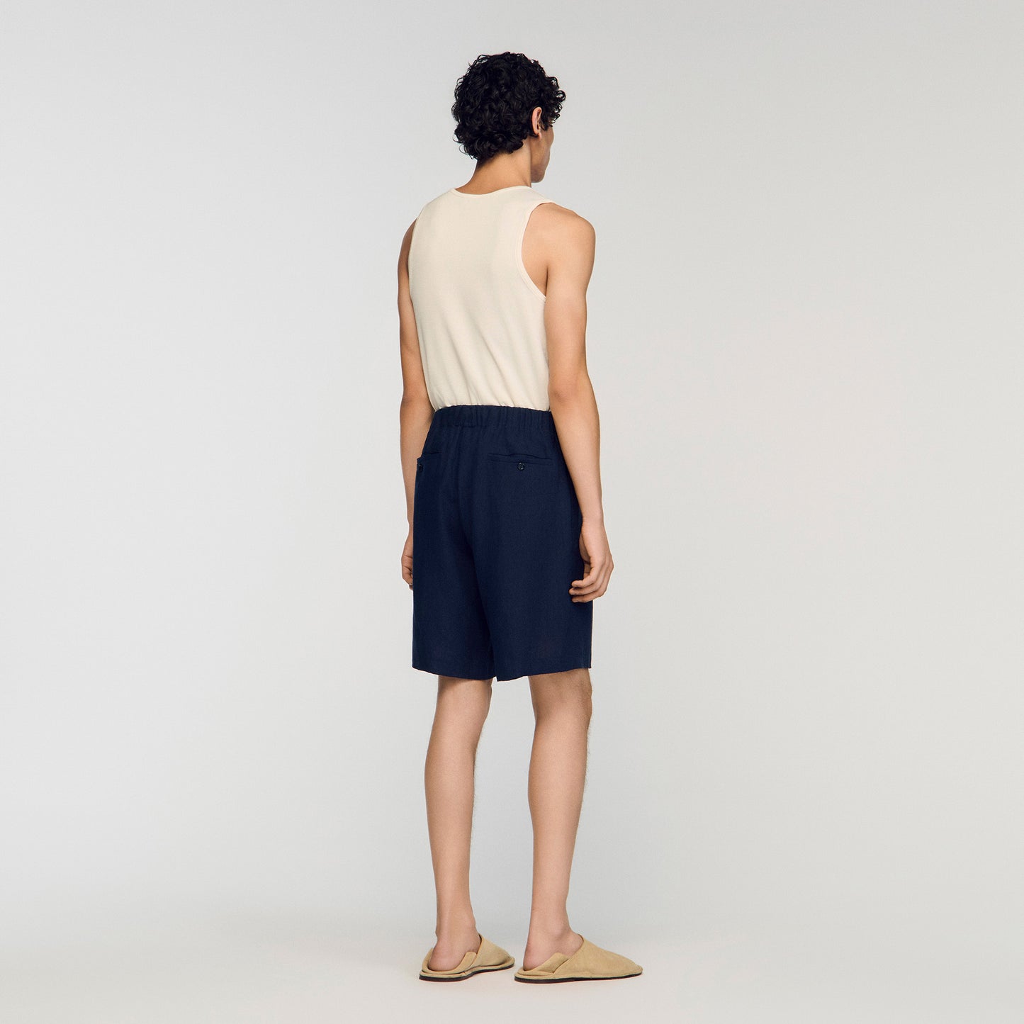 Linen Short Elastic Waist Linen Shorts Navy Blue