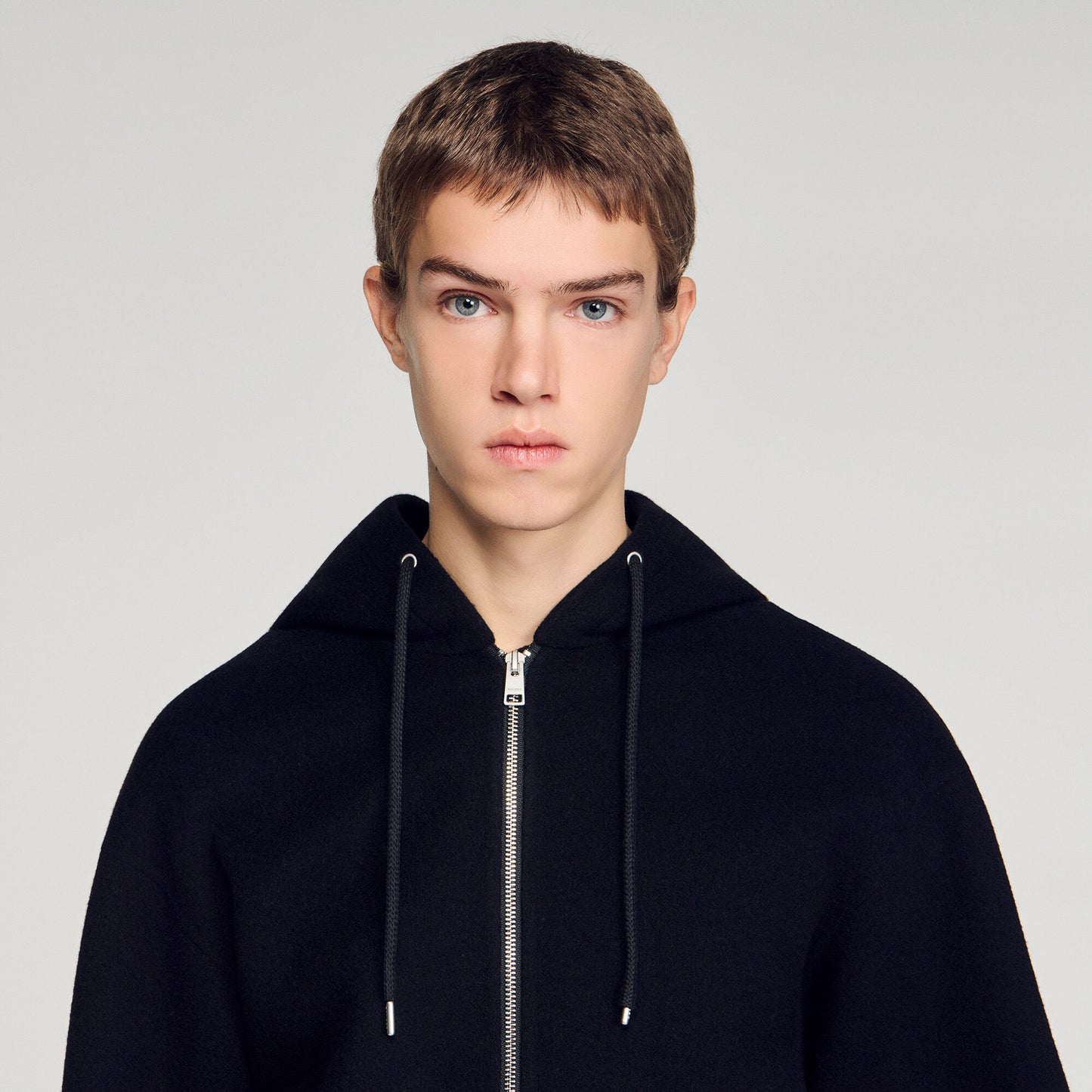 Hoodie Double Face Hooded Zip-Up Wool Jacket Black