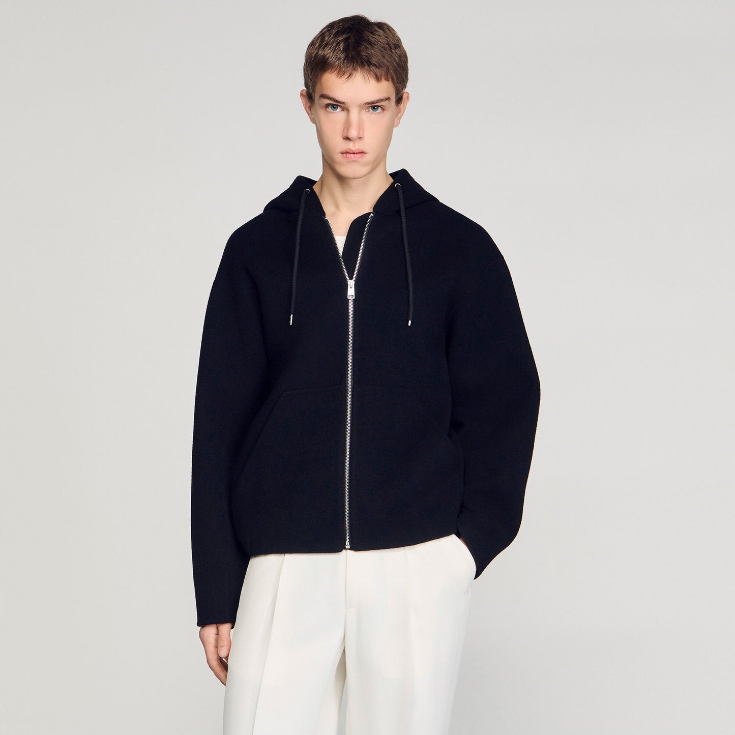 Hoodie Double Face Hooded Zip-Up Wool Jacket Black