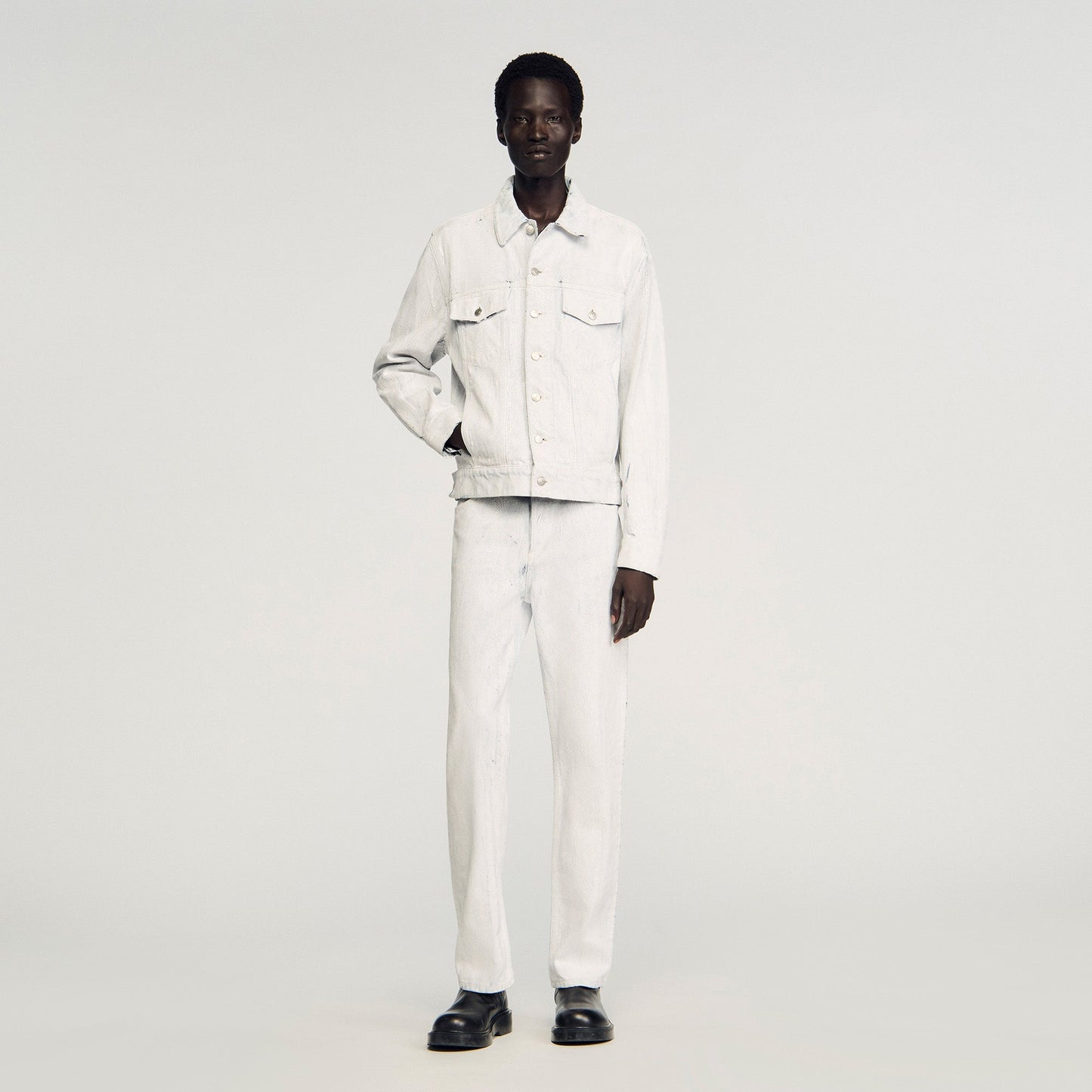 Trucker Crackled White Cracked Coated Denim Jacket White