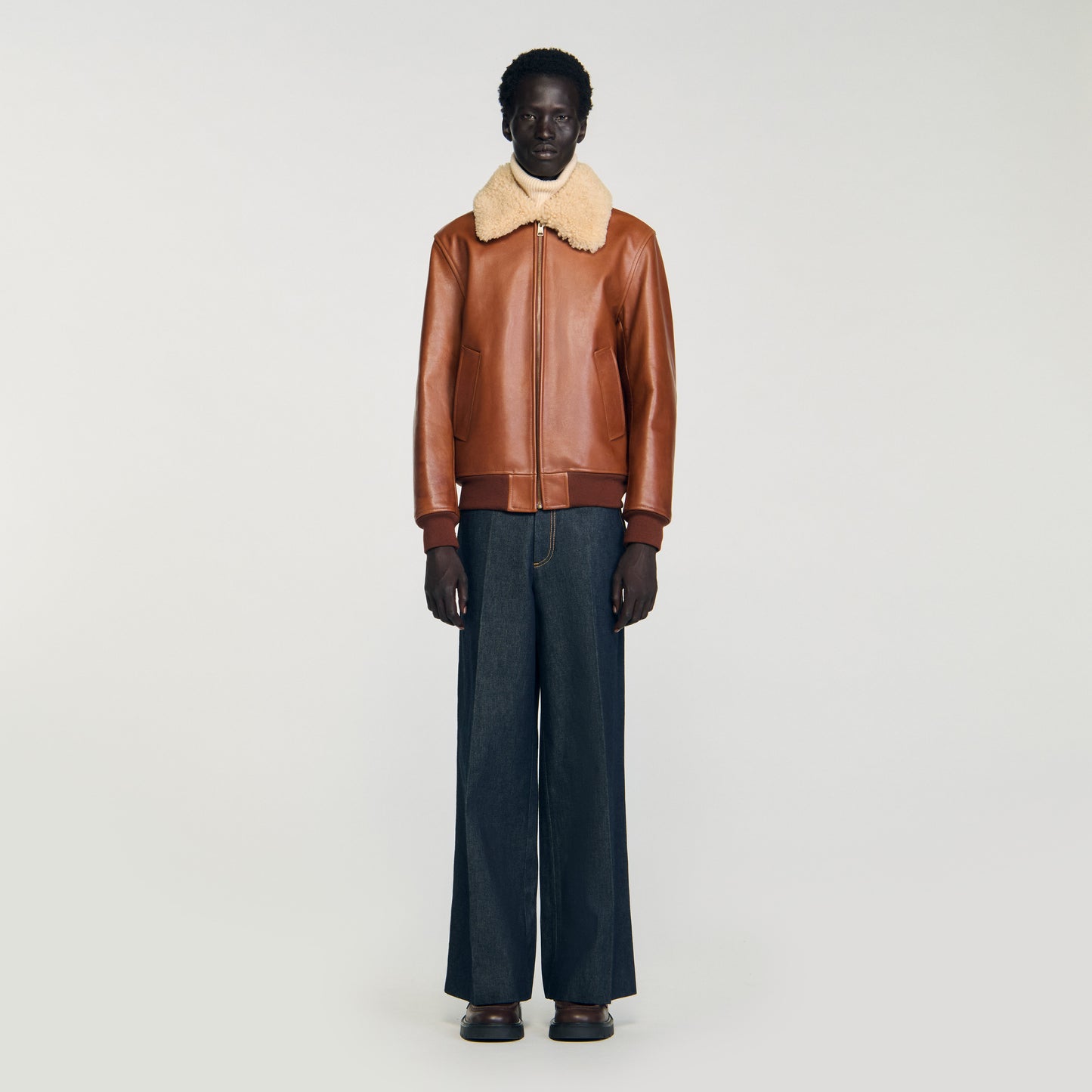 Leather Aviator Leather Jacket With Fur Collar Cognac