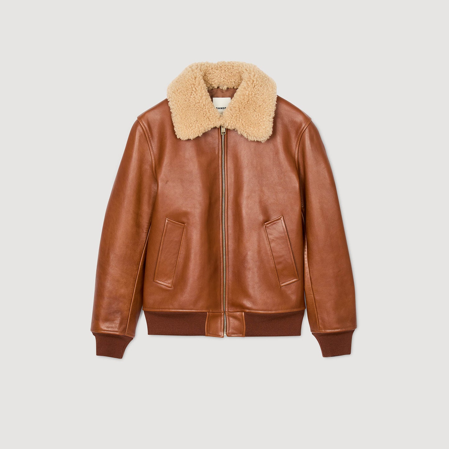 Leather Aviator Leather Jacket With Fur Collar Cognac