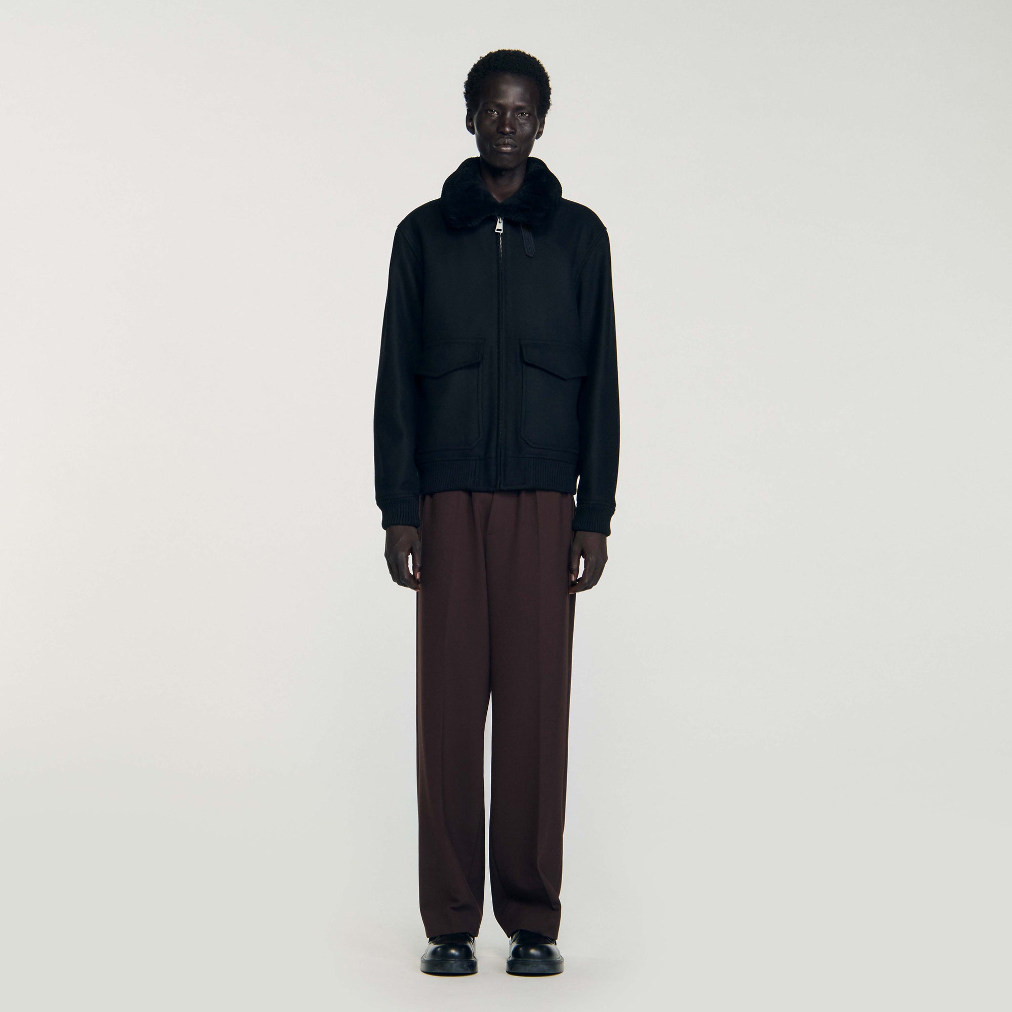 Aviator Wool Aviator Jacket With Shearling Black