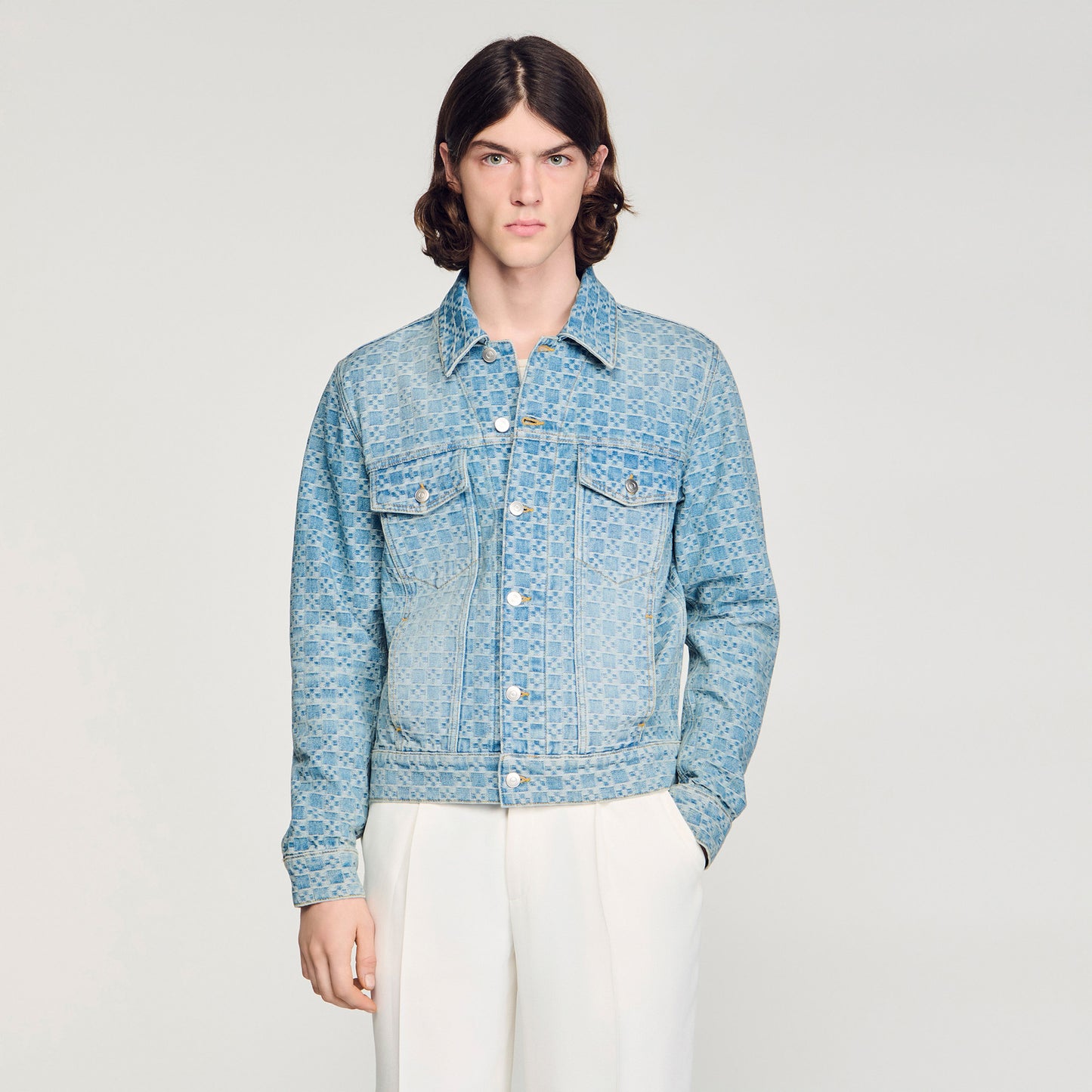 Cross Sanded Trucker Square Cross Denim Jacket SKY BLUE