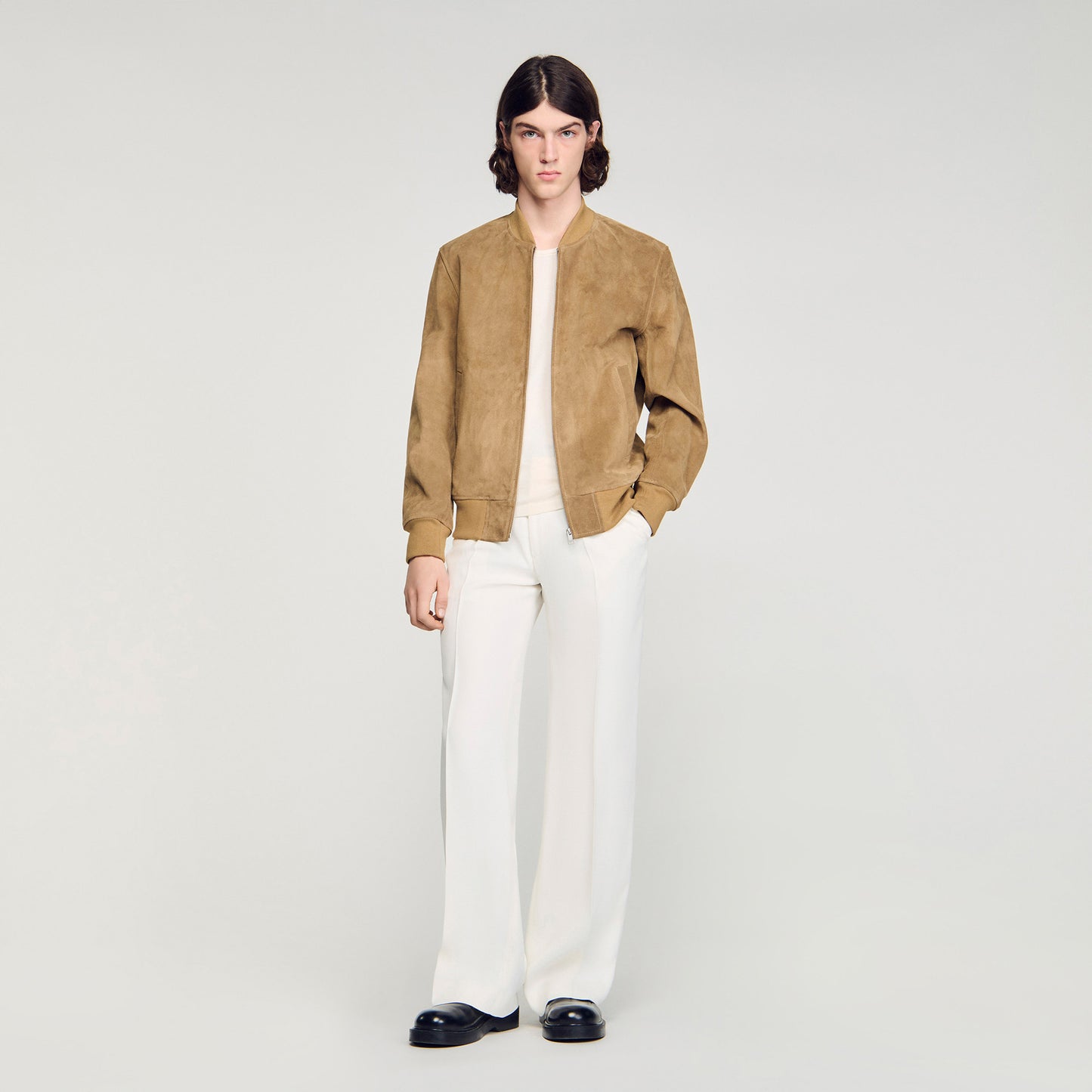 Monaco Suede Capuccino Zip-Up Split Leather Jacket Cappucino