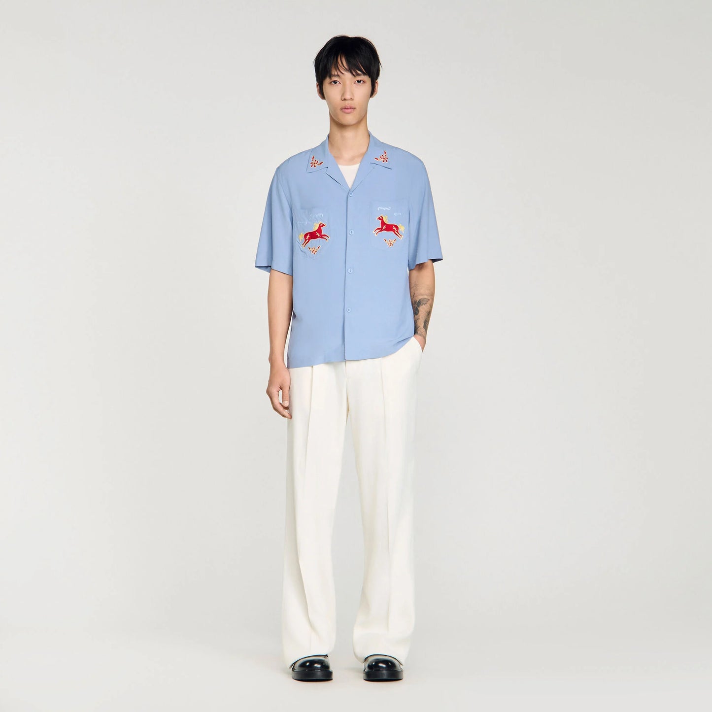Horse Shirt Ss Embroidered Horse Loose-Fit Shirt Chambray