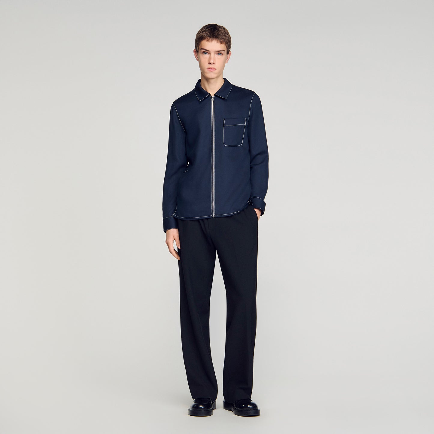 Stitched Zip Shirt Loose-Fit Zip-Up Shirt NAVY BLUE