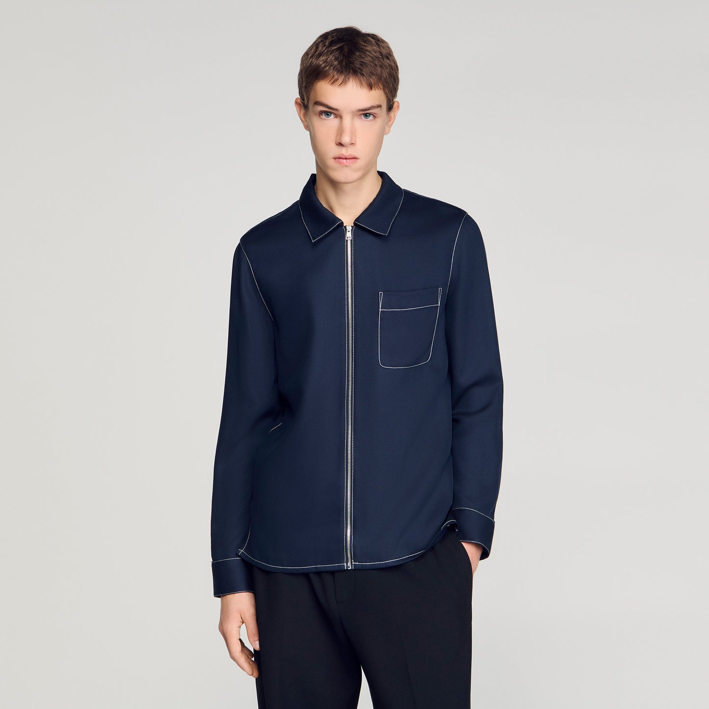 Stitched Zip Shirt Loose-Fit Zip-Up Shirt NAVY BLUE