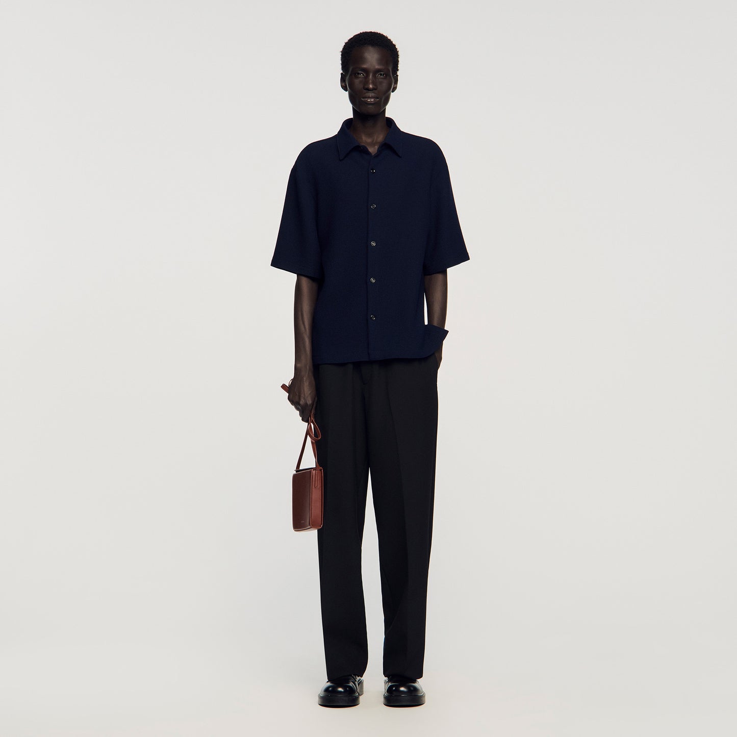 Textured Shark Collar Shirt Navy Blue