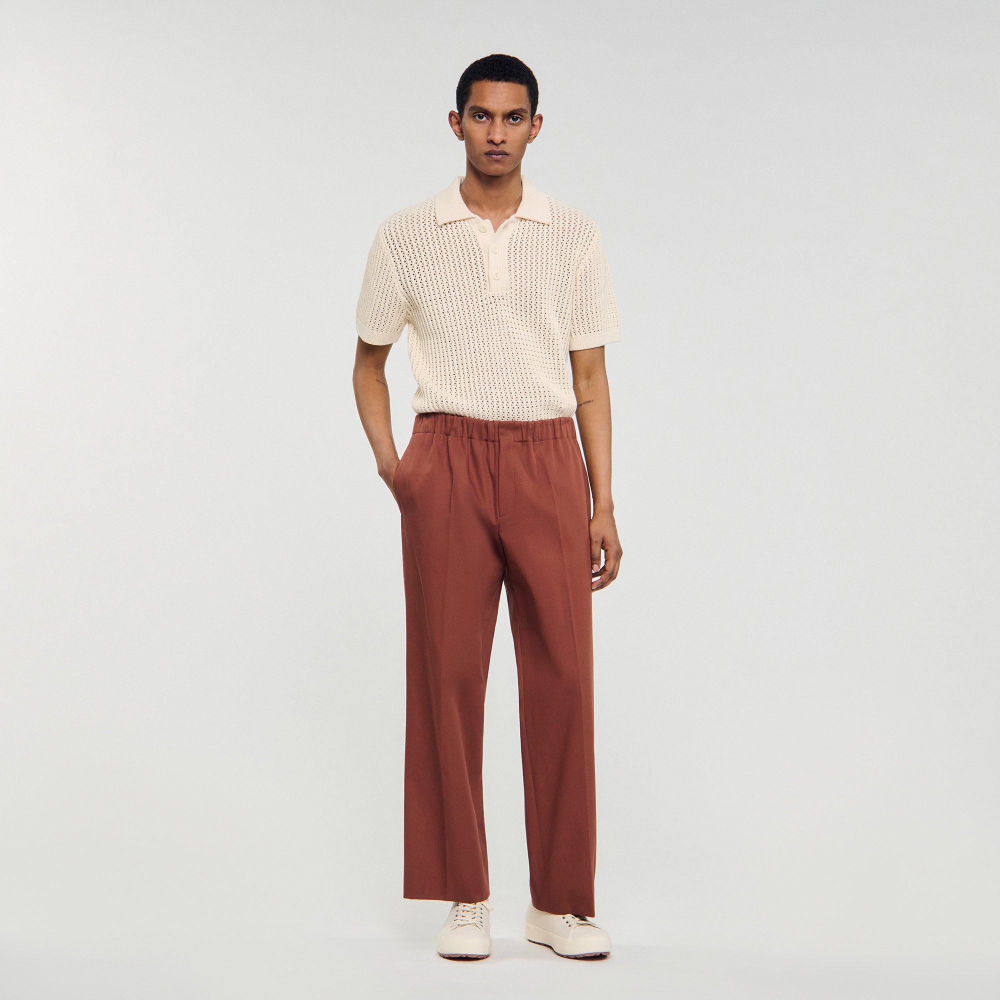 Alpha Cotton Large Elasticated Wide-Leg Cotton Trousers Terra