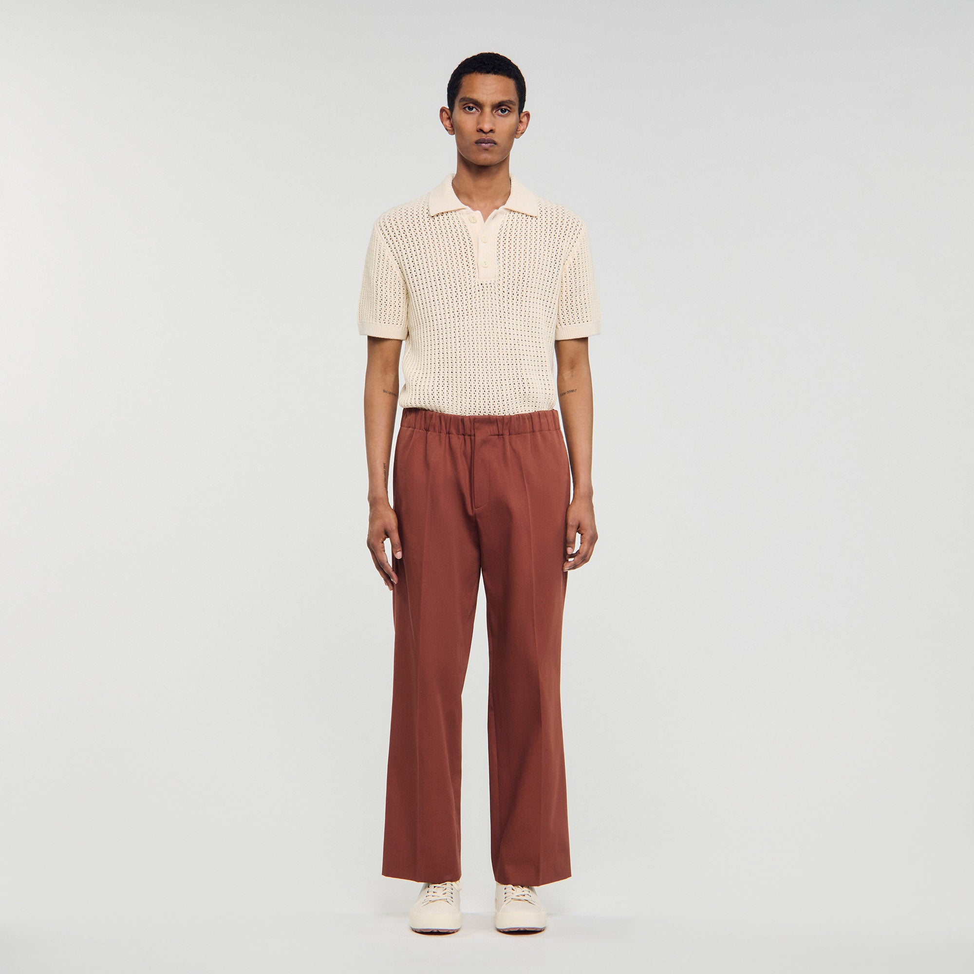 Alpha Cotton Large Elasticated Wide-Leg Cotton Trousers Terra