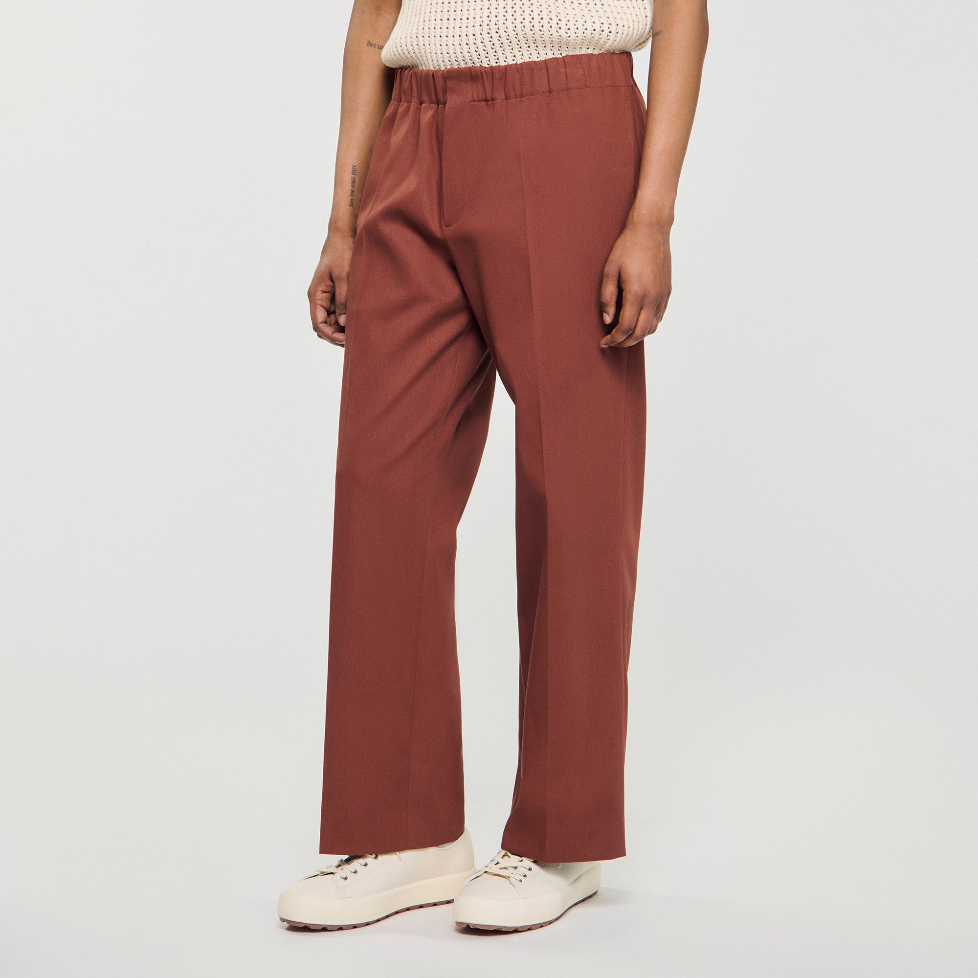 Alpha Cotton Large Elasticated Wide-Leg Cotton Trousers Terra